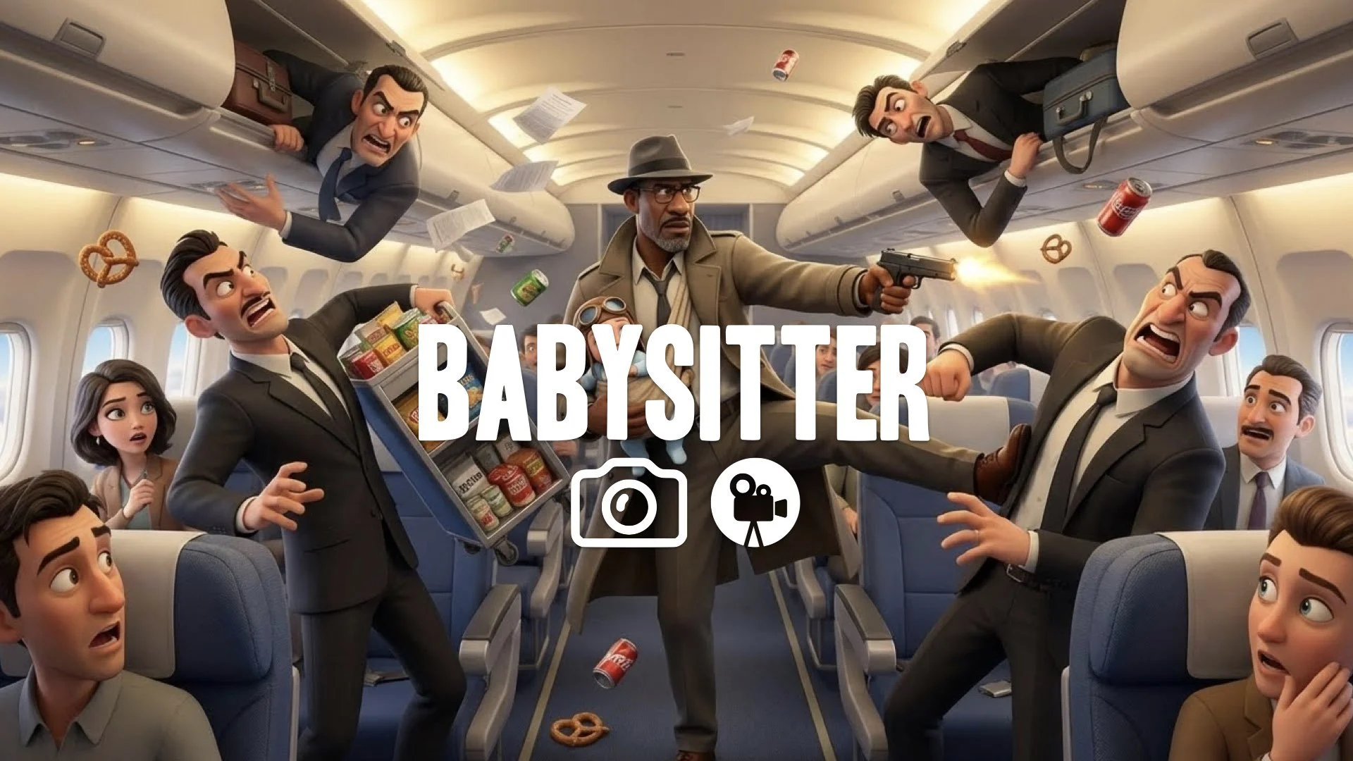 1. Baby carrier in one hand gun in other fighting bad guys on plane funny action juxtaposition no music