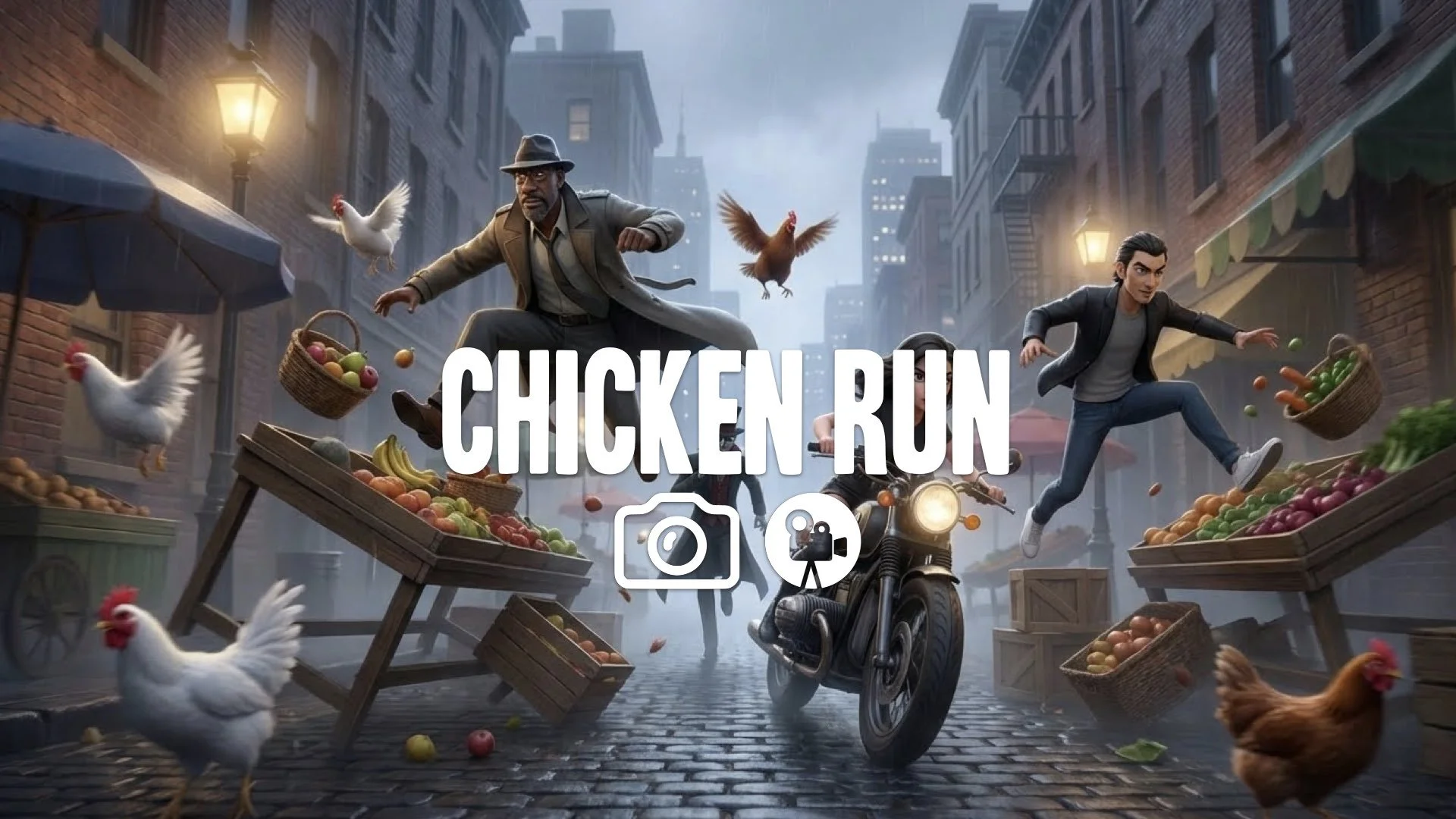 1. Chase through narrow city streets parkour over market stalls chickens flying baskets falling action no music