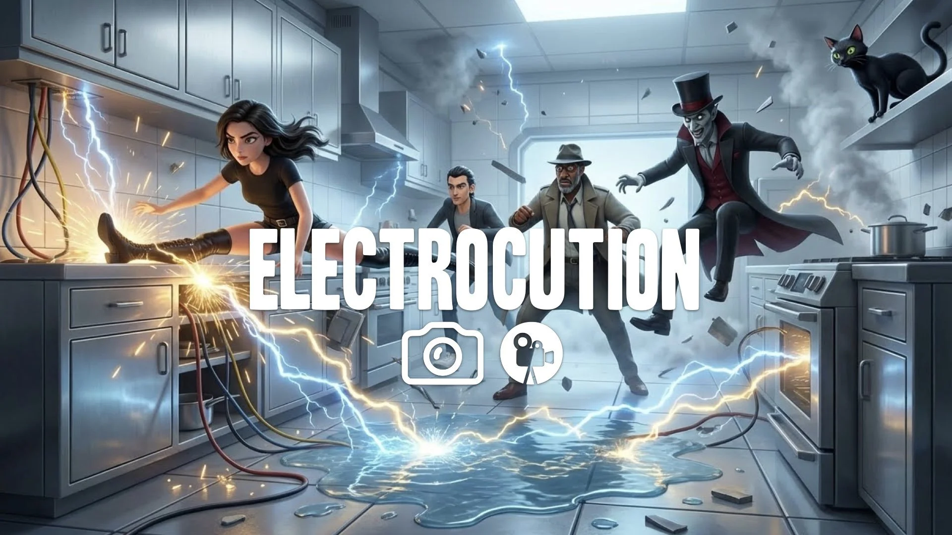 1. Fighter doing splits on kitchen counter avoiding electricity water on floor sci-fi fight stunts no music