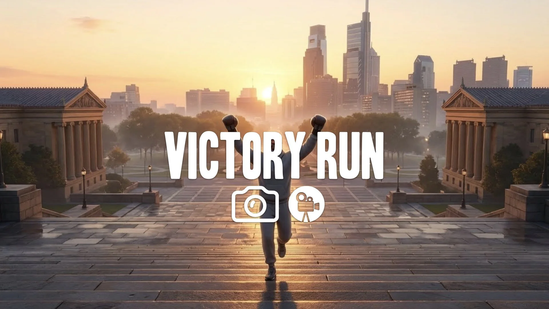 1. Boxer running up art museum steps grey sweats sunrise arms raised city skyline triumph wide shot no music