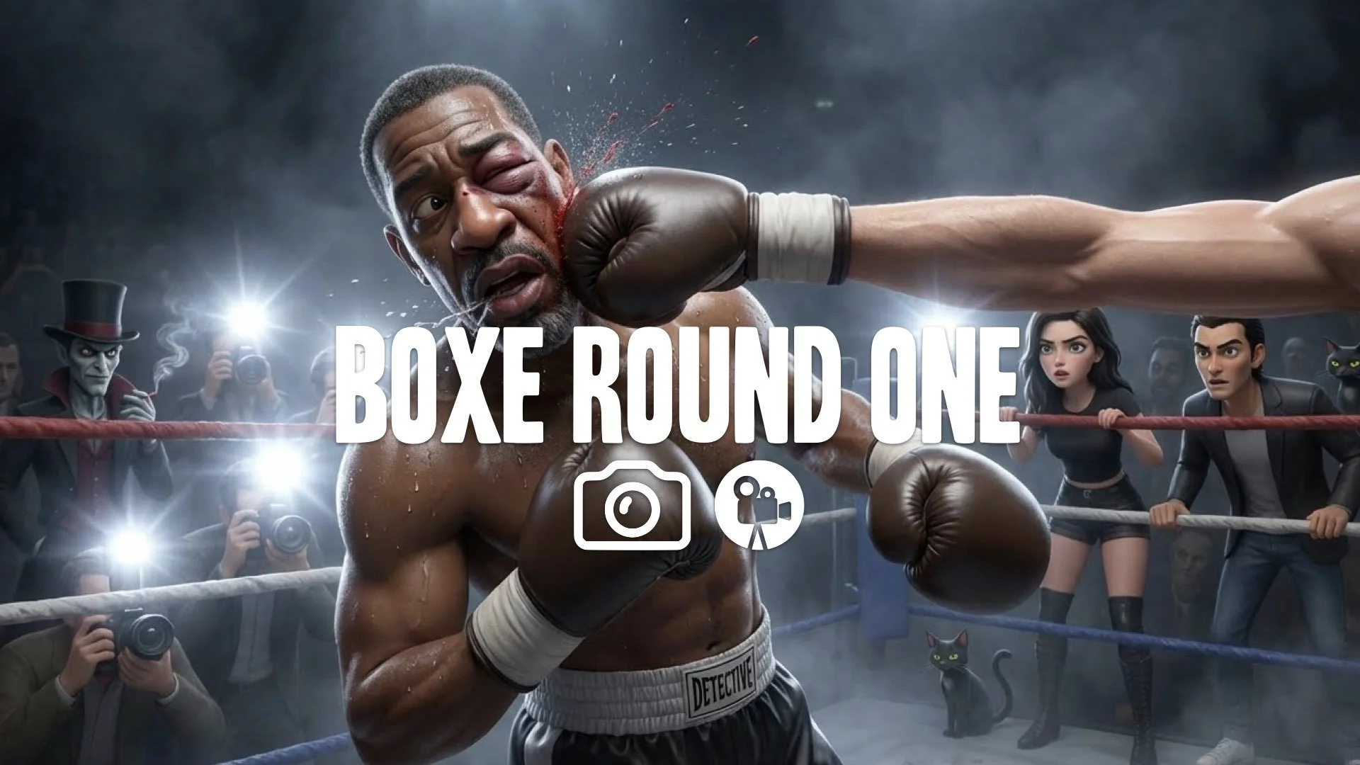 1. Boxing ring fight heavily swollen eye spit flying blood sweat slow motion impact flashbulbs popping no music
