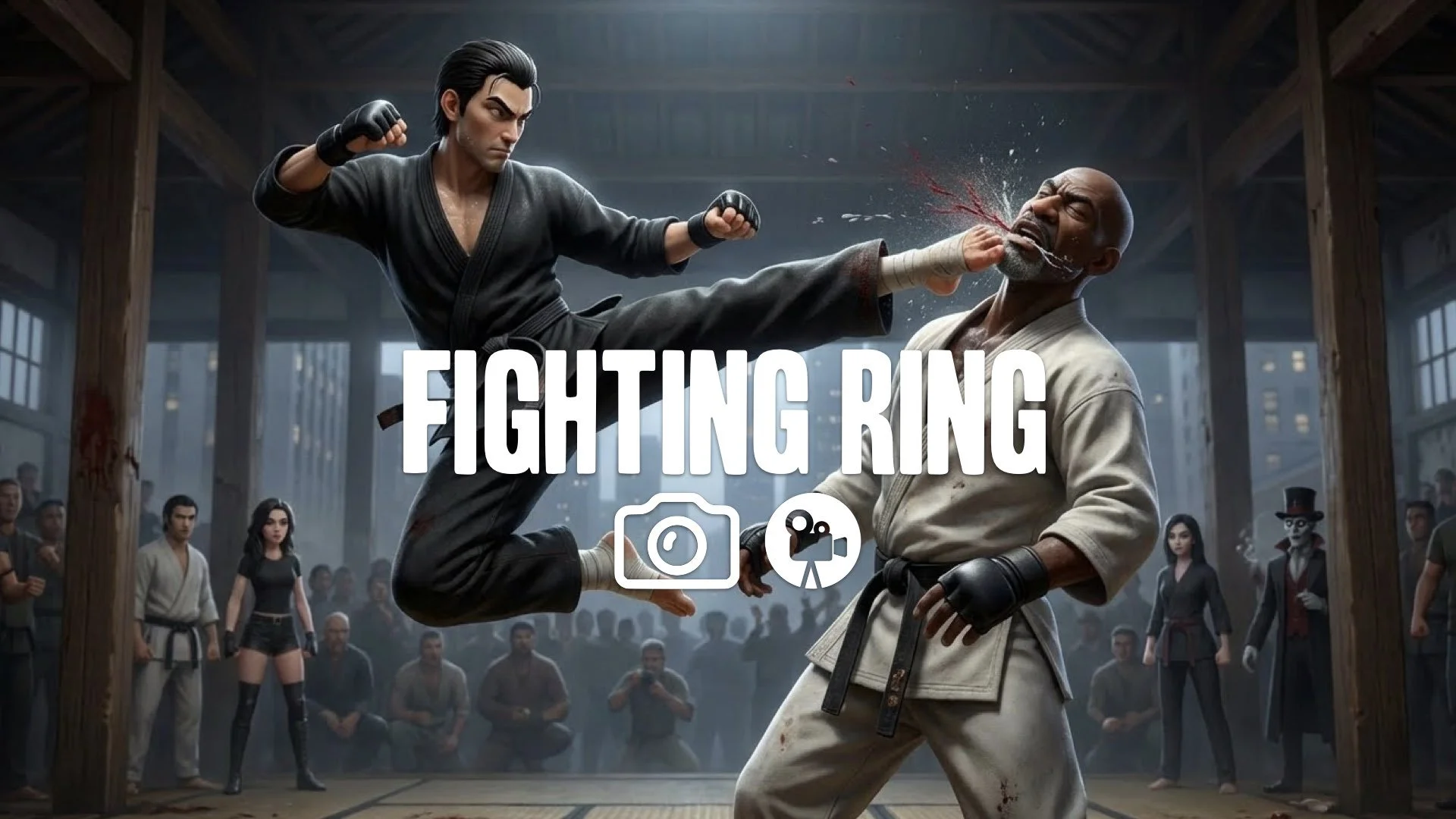 1. Kumite arena martial arts fight flying spinning kick slow motion sweat blood contact brutal impact no music