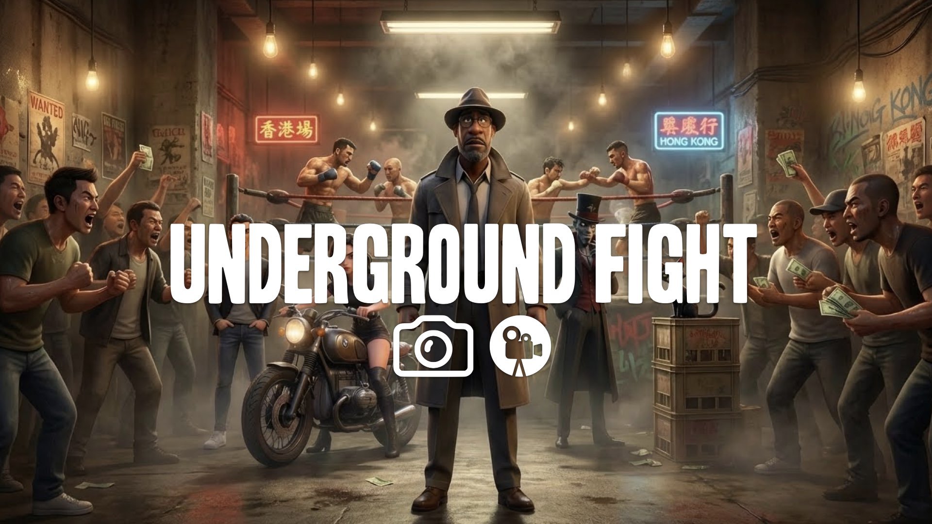 1. Underground hong kong fight club smoky atmosphere betting shouting sweat gritty texture 80s vibe no music