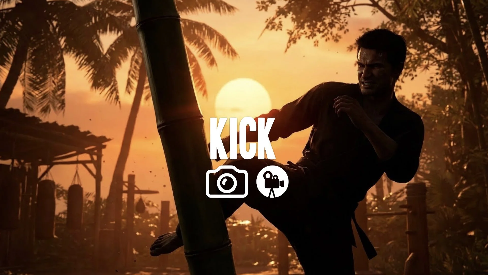 1. Fighter kicking bamboo tree shin conditioning pain grimace sweat tropical sunset silhouette training no music