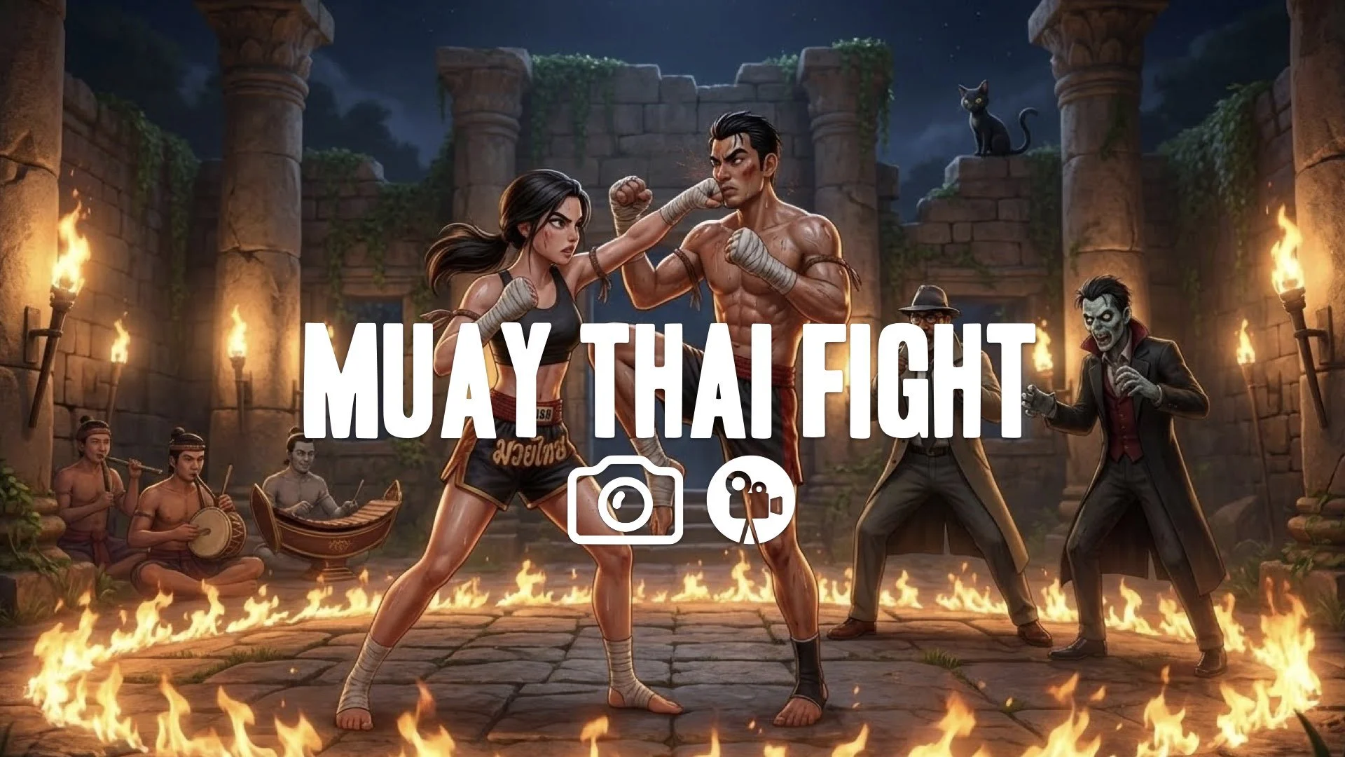 1. Muay Thai fight ancient ruins torches burning brutal elbow strike knee strike traditional music vibe no music