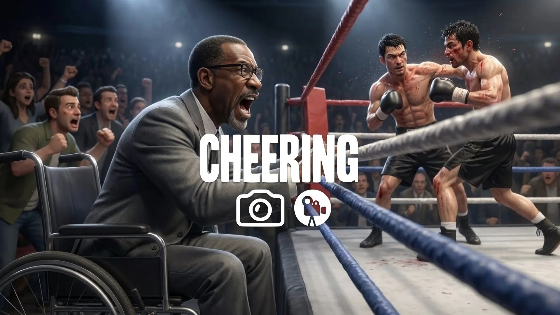 1. Brother in wheelchair watching fight emotional reaction screaming encouragement ringside drama no music