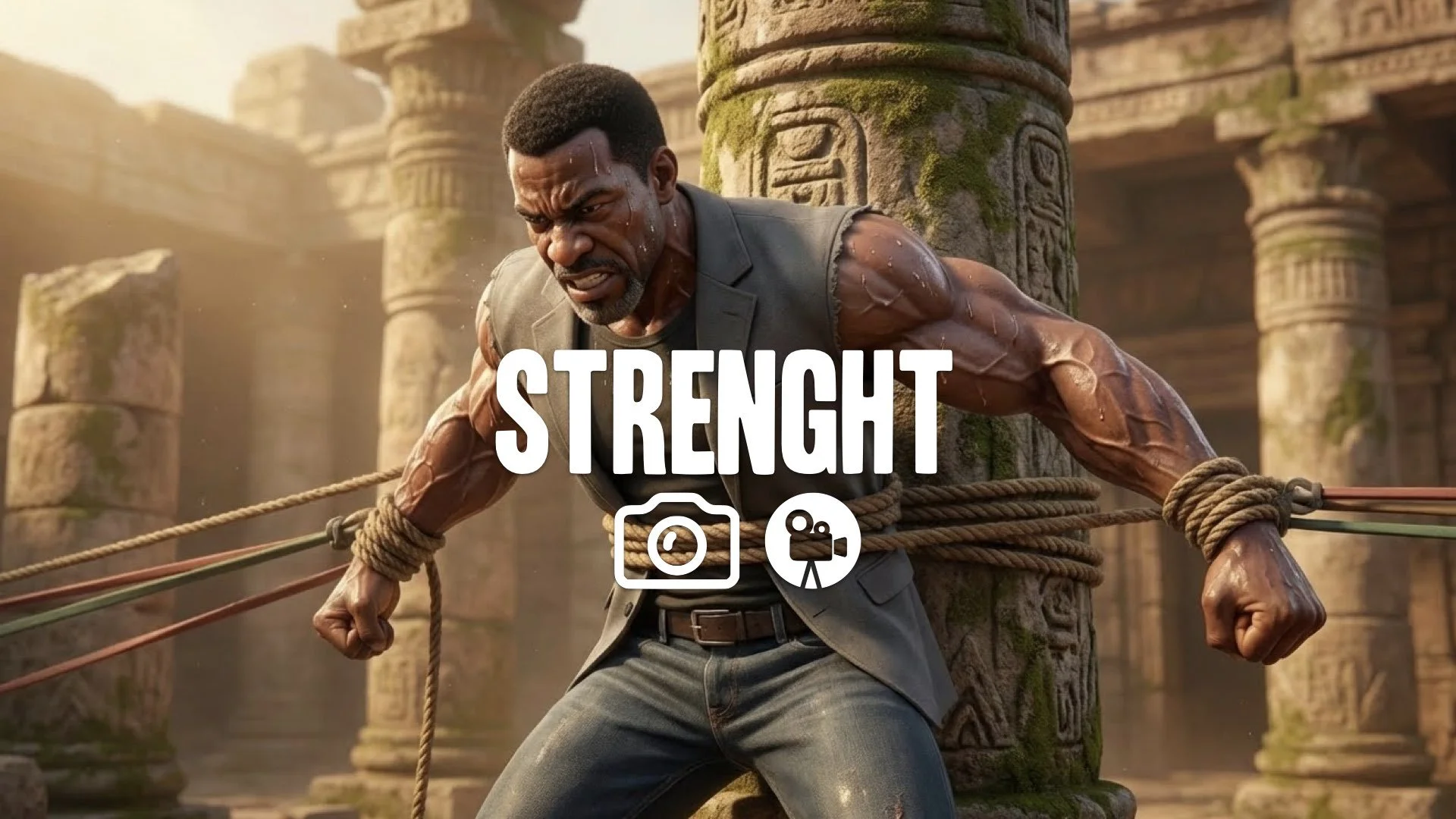 1. Fighter tied to ancient stone pillar pulling struggling resistance training muscles popping sweat no music