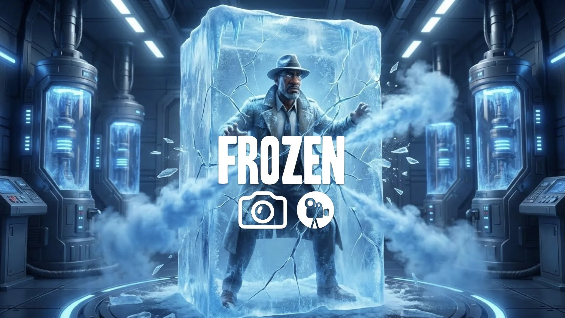 1. Cop frozen in block of ice cryogenic lab blue frost steam sci-fi tube awakening breaking out no music