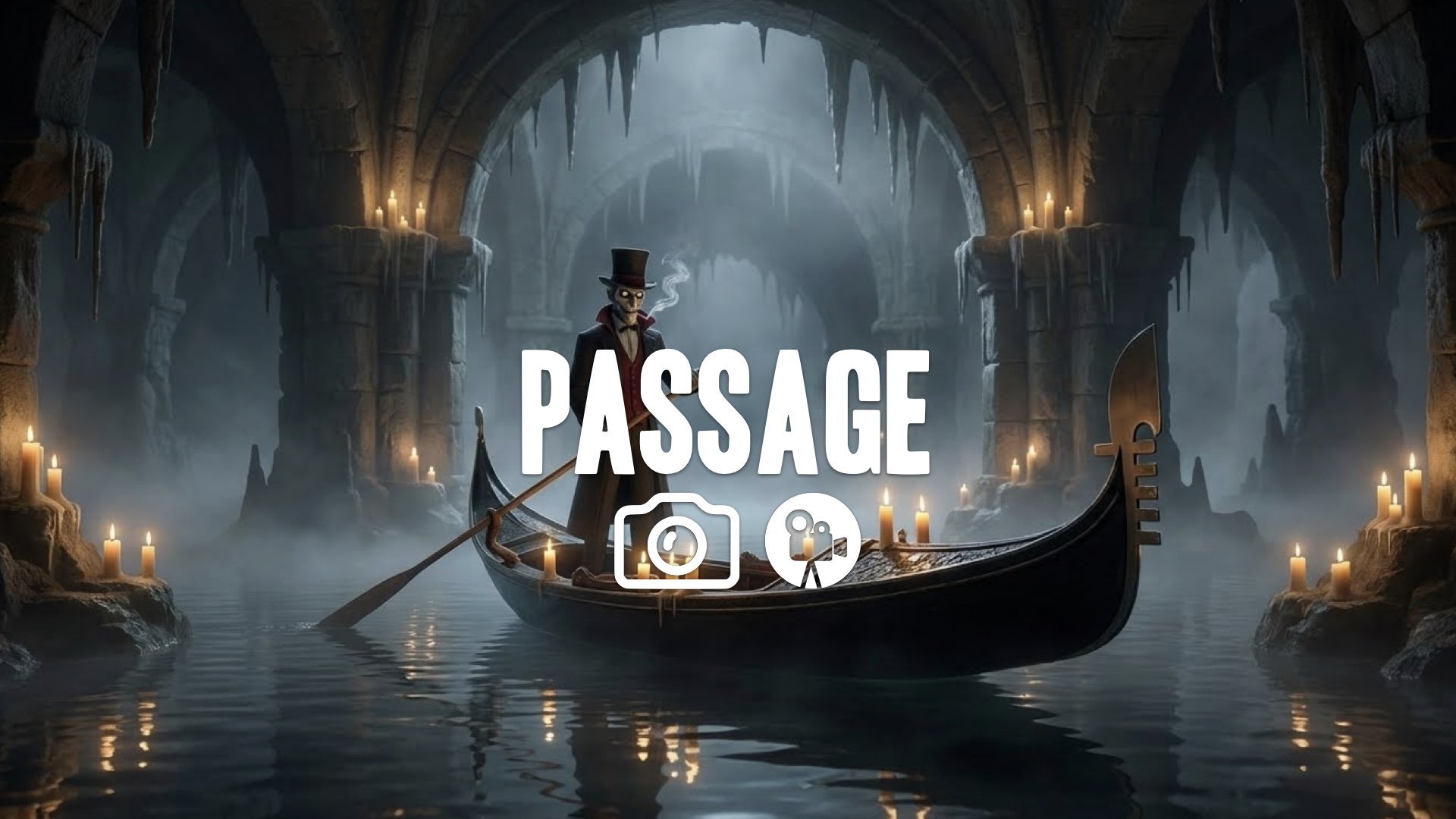 1. Masked man steering gondola underground lake candles water reflection gothic atmosphere fog no music