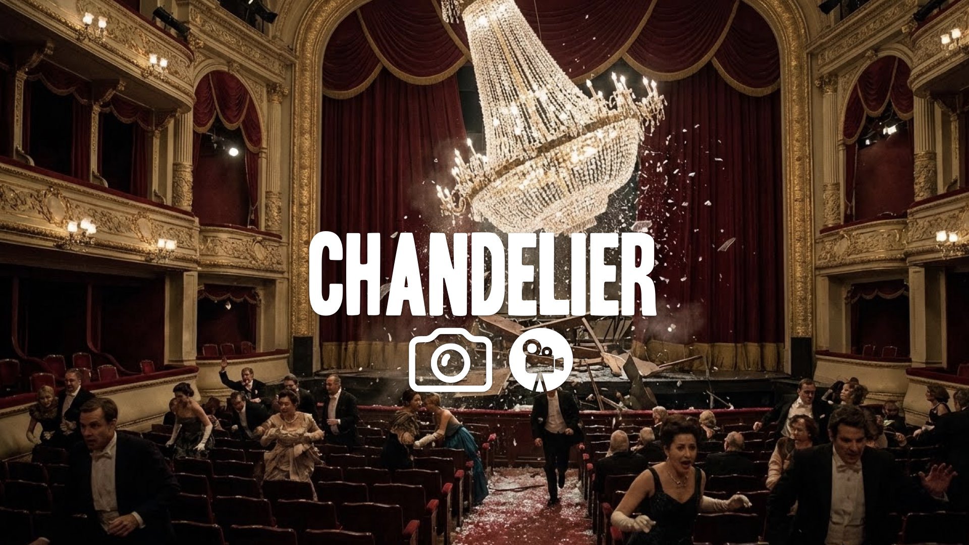 1. Giant chandelier crashing onto stage glass shattering panic opera house rich velvet texture no music