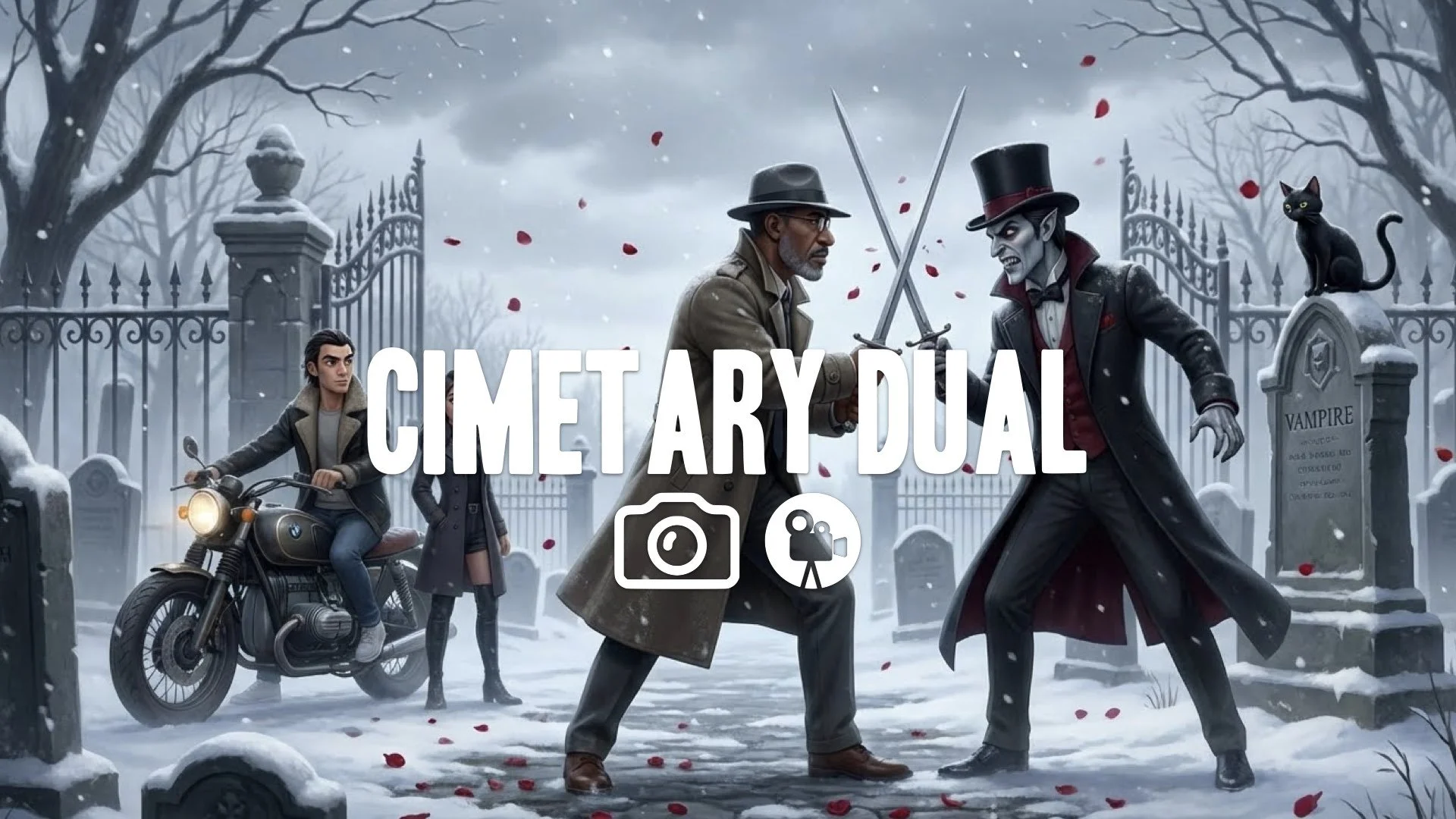 1. Snowy cemetery sword fight amidst tombstones winter coats roses falling gothic romance vibe no music