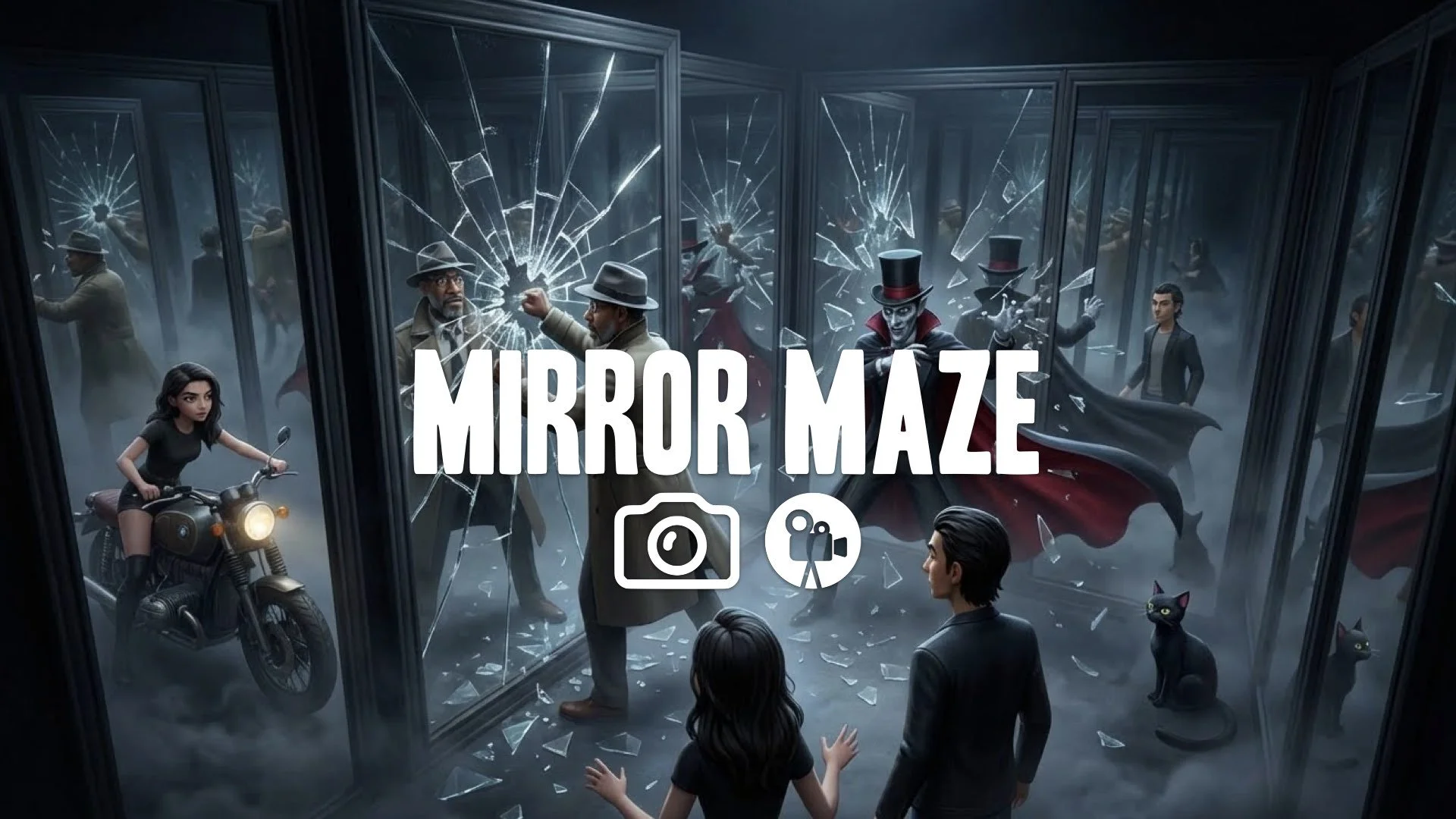 1. Mirror maze smashing endless reflections confusing perspective dark mystery cloak swirling no music