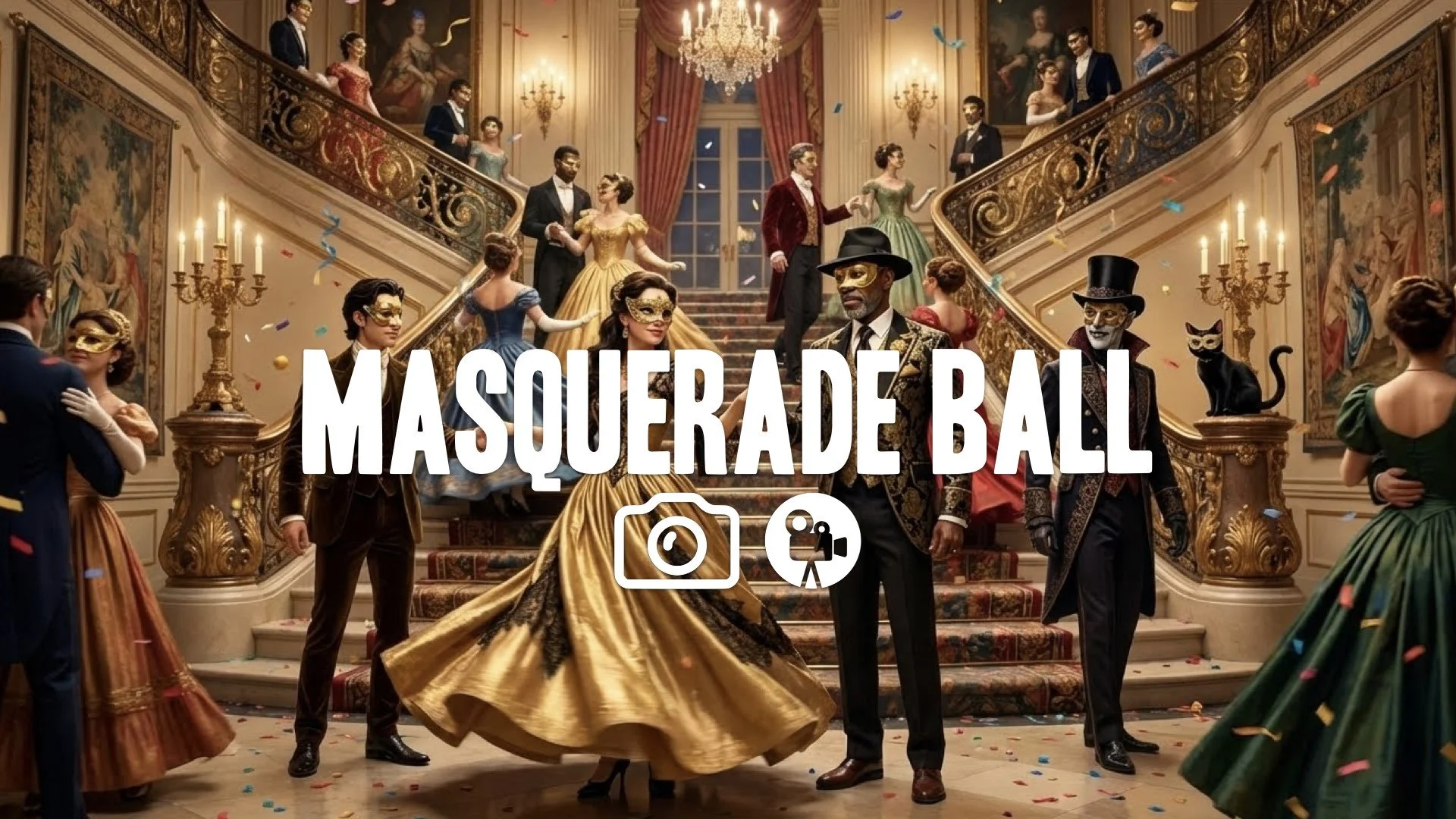1. Masquerade ball grand staircase elaborate costumes gold masks spinning dancers colorful opulent no music