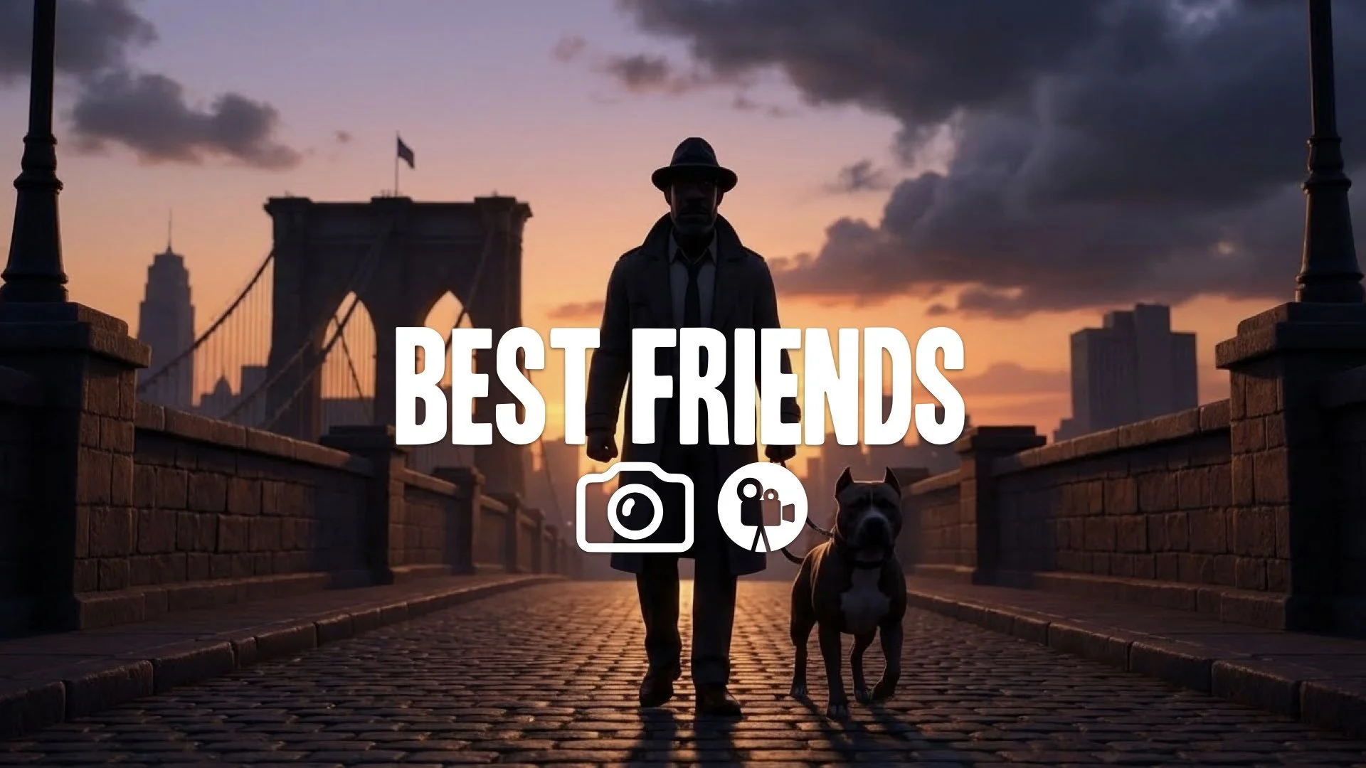1. Man walking with pitbull dog on leash bridge sunset silhouette loyal companion calm before storm no music