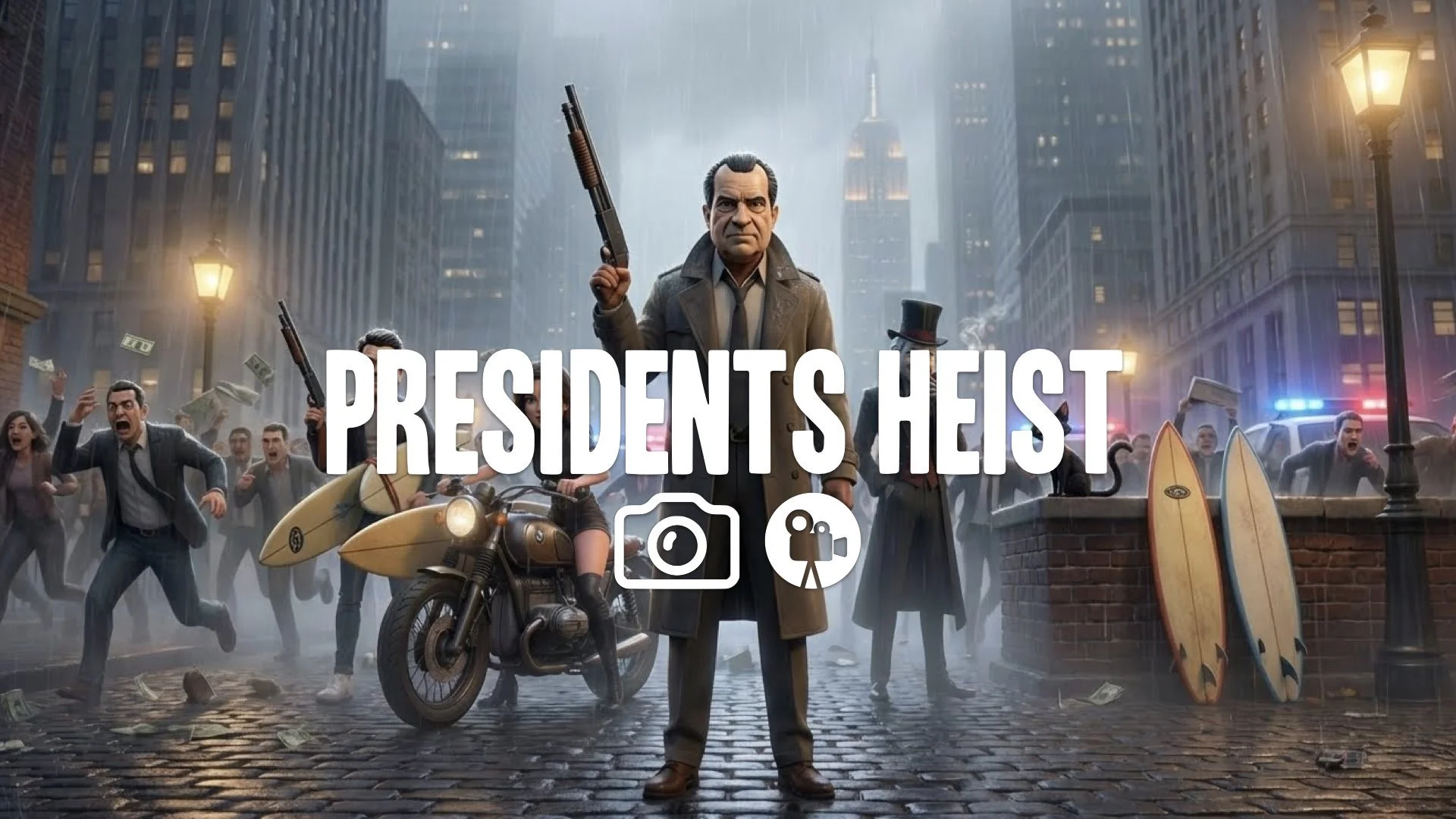 1. Ex-presidents masks bank robbery shotgun waving chaos crowd yelling surfing vibe heist movie no music