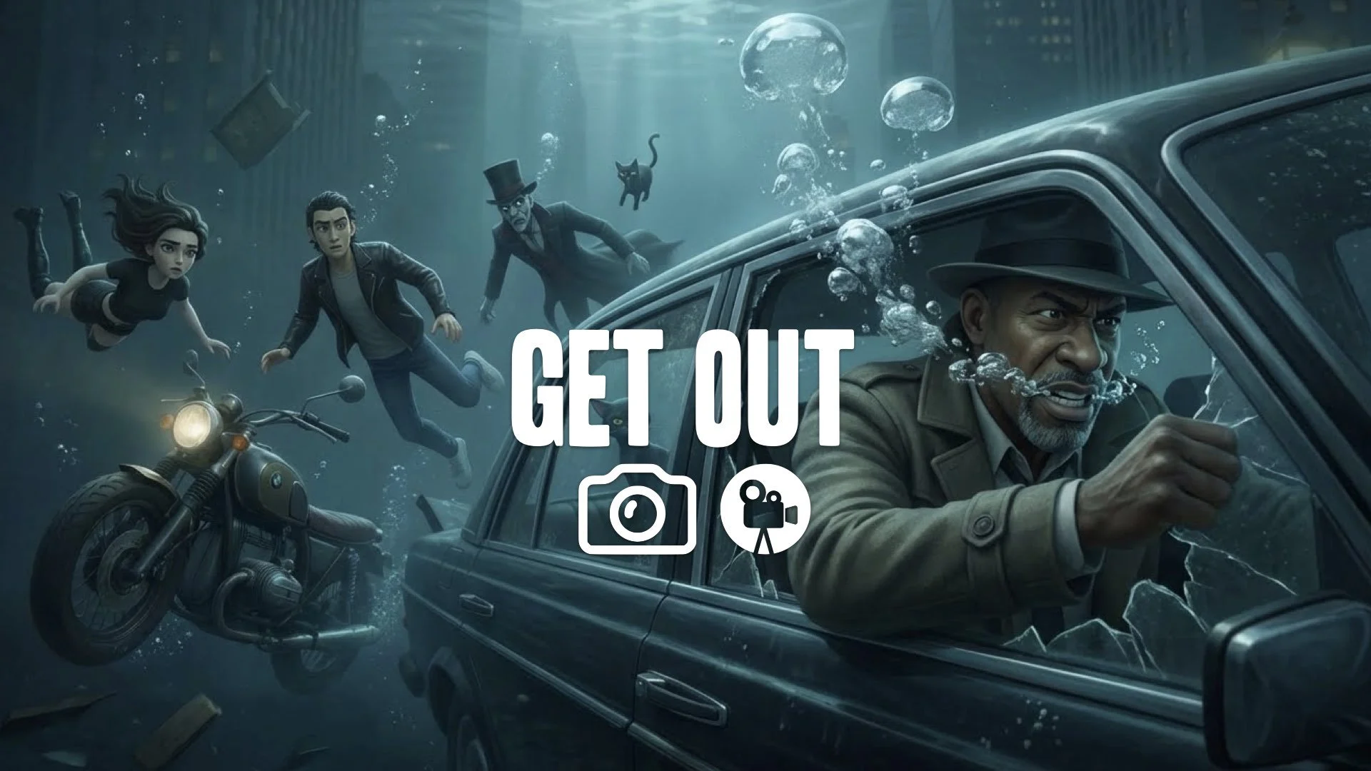 1. Underwater car sinking bubbles escaping driver breaking window struggle escape breath hold tension no music