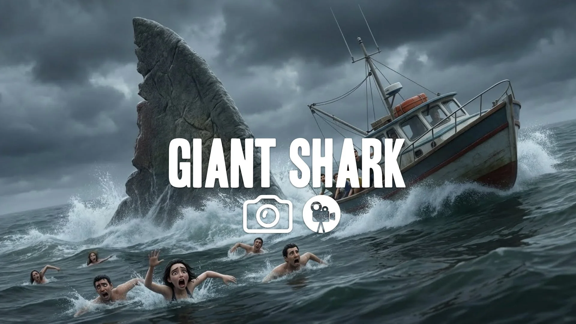 1. Giant prehistoric shark fin cutting water surface massive wake boat rocking terrified swimmers scale no music