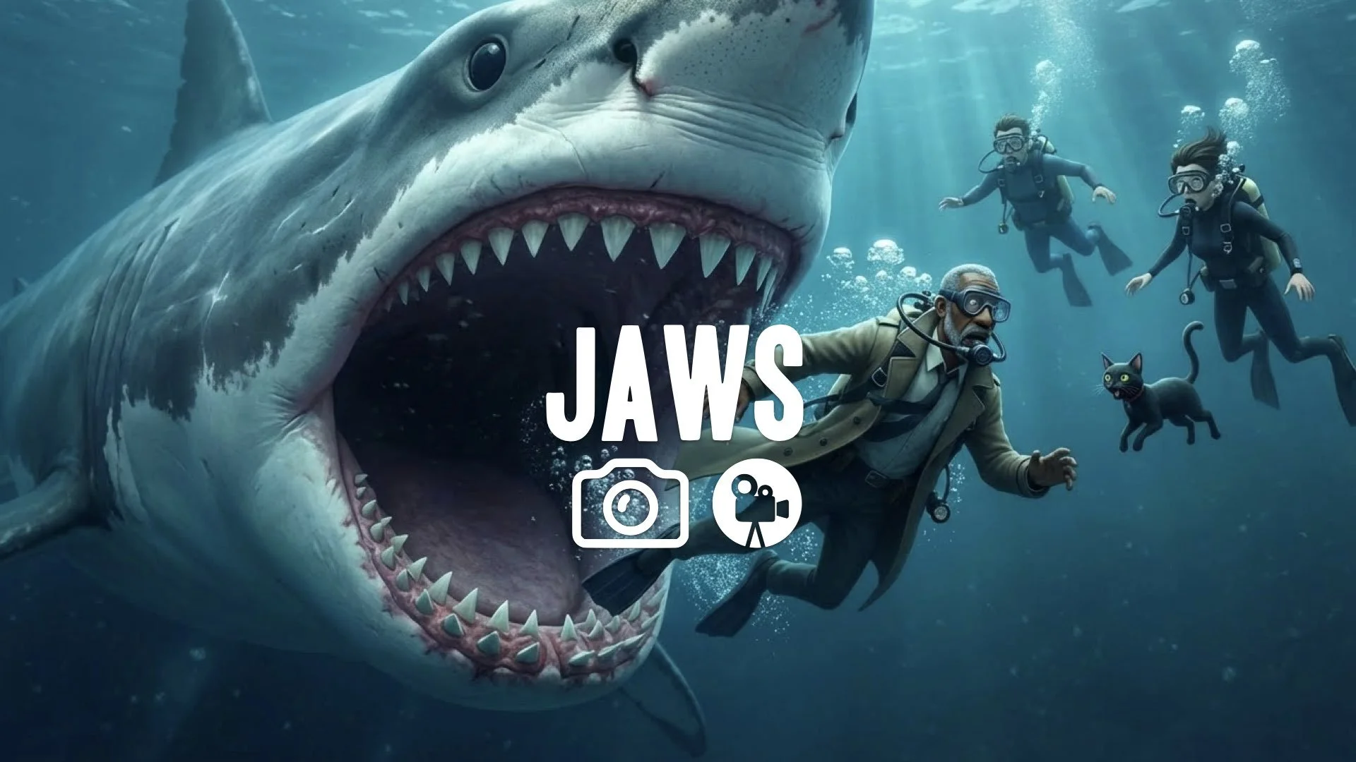 1. Diver swimming frantically shark mouth opening behind teeth rows massive scale underwater chase no music