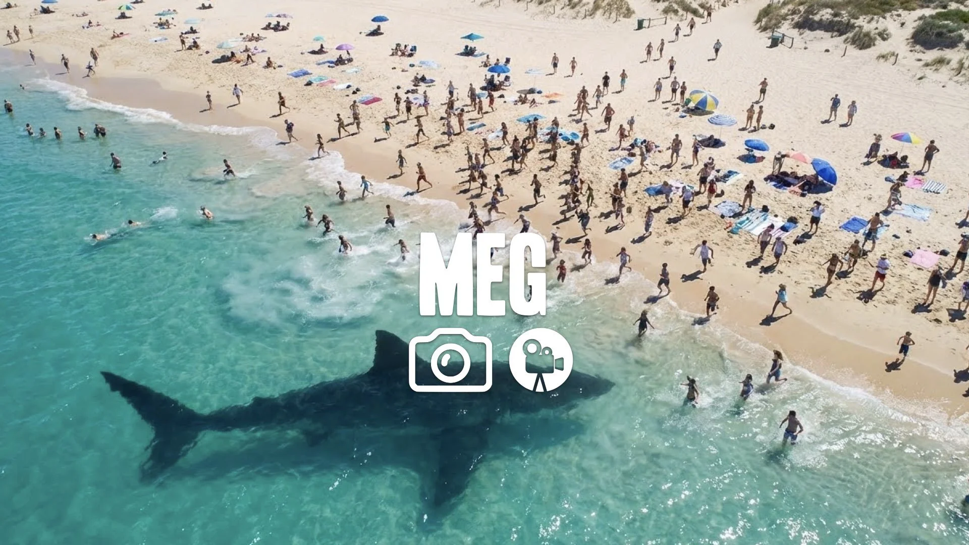 1. Beach crowd aerial view shadow of giant shark passing under shallow water panic wave fleeing no music