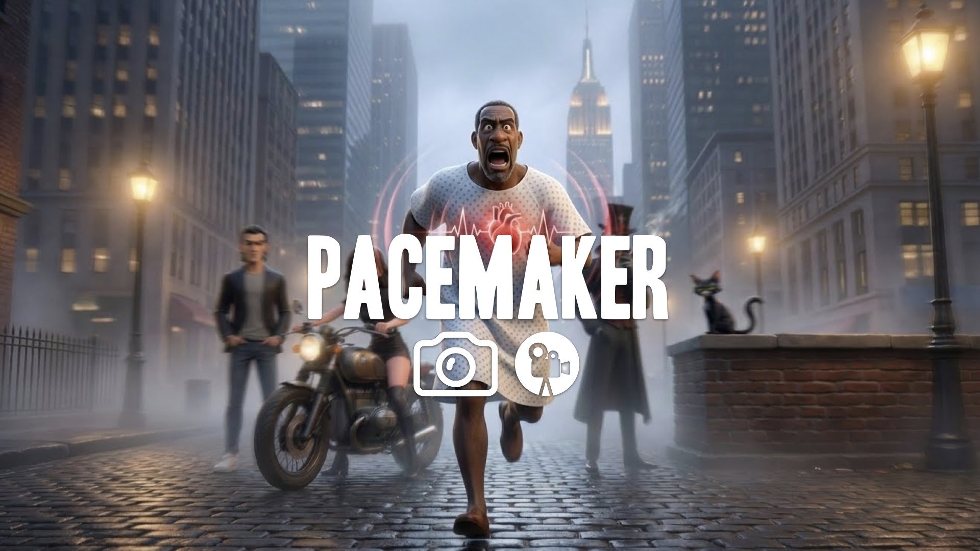 1. Man in hospital gown sprinting down street yelling heart pounding visual effect blur adrenaline rush no music