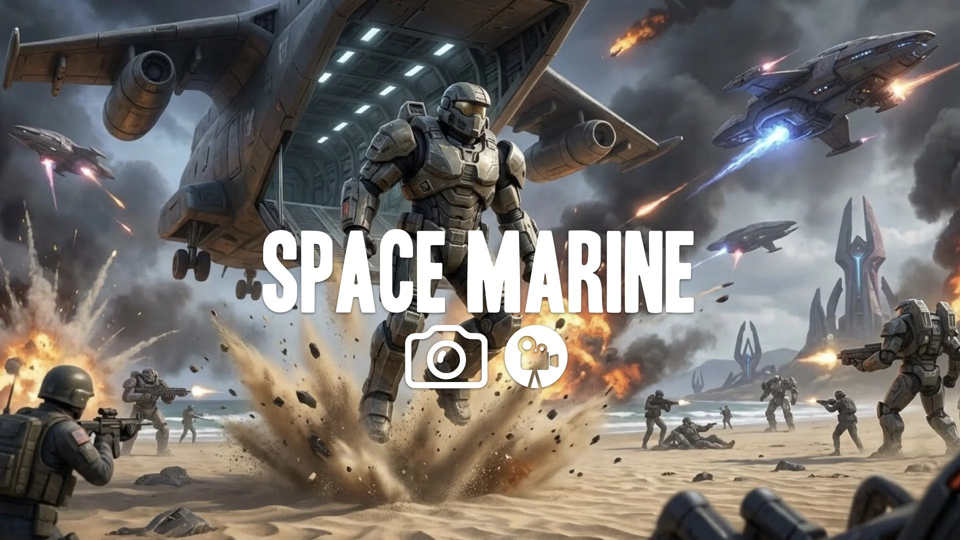 1. Mech suit soldier dropping from dropship beach invasion explosions sand flying chaos alien war no music