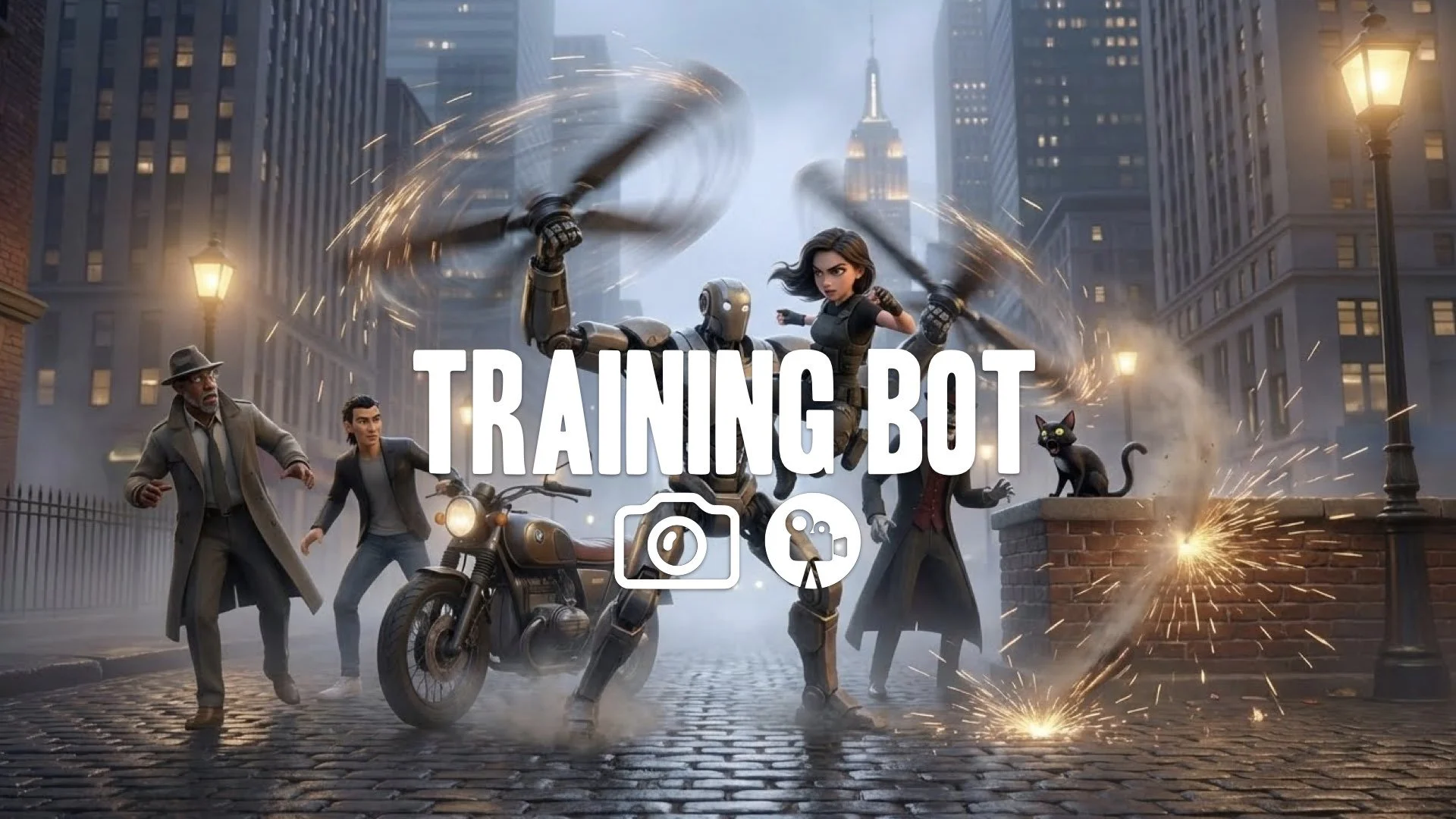 1. Training robot spinning blades soldier dodging mechanical whirring sparks speed failure hit no music