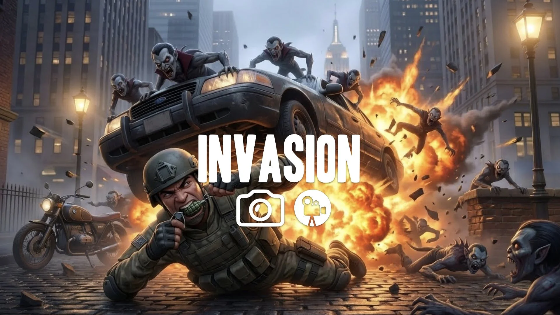 1. Soldier pinned under car grenade pin pulling intense face explosion aliens swarming sacrifice no music