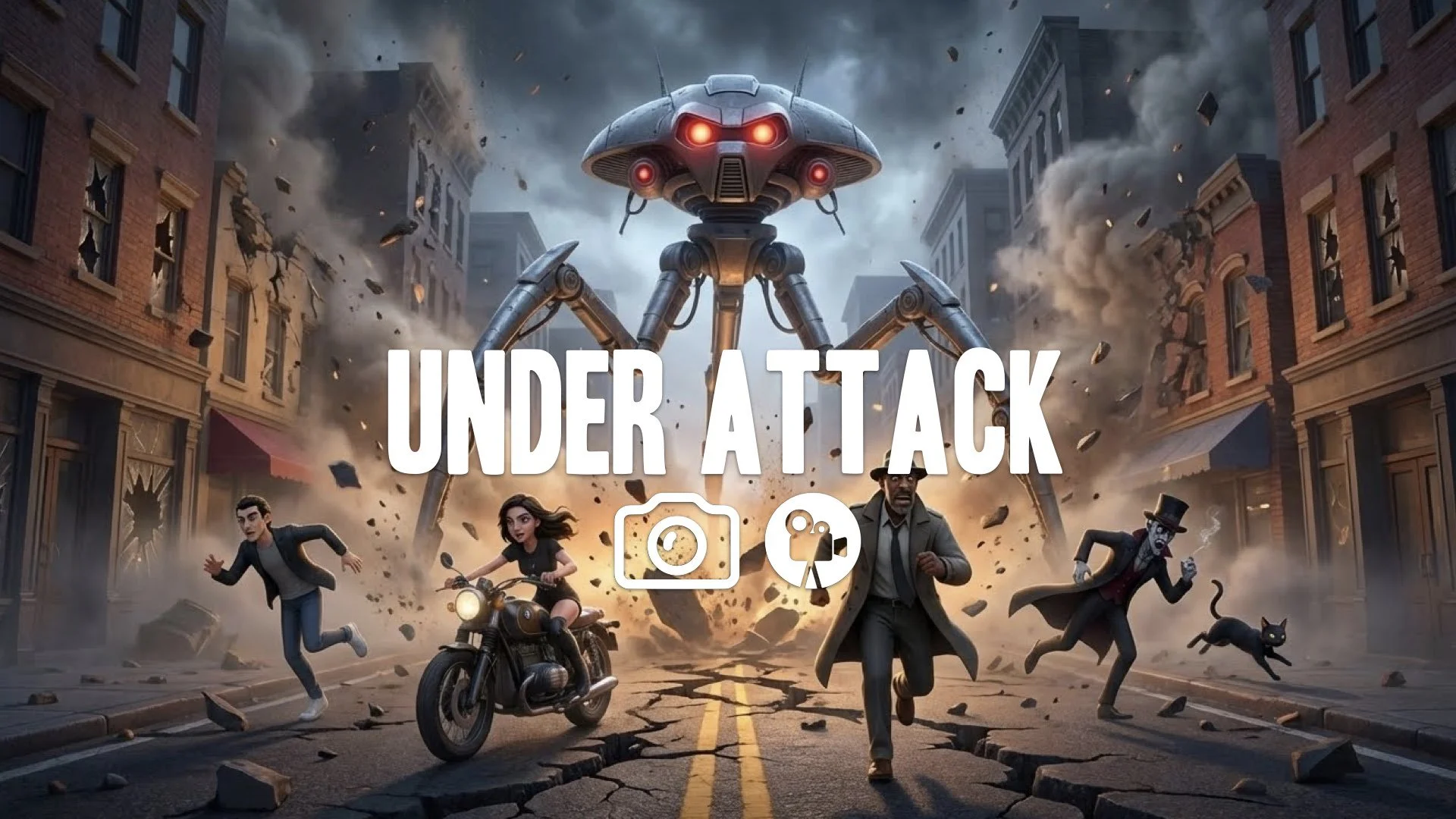 1. Tripod machine rising from ground asphalt cracking dust shaking buildings collapsing terror wide shot no music