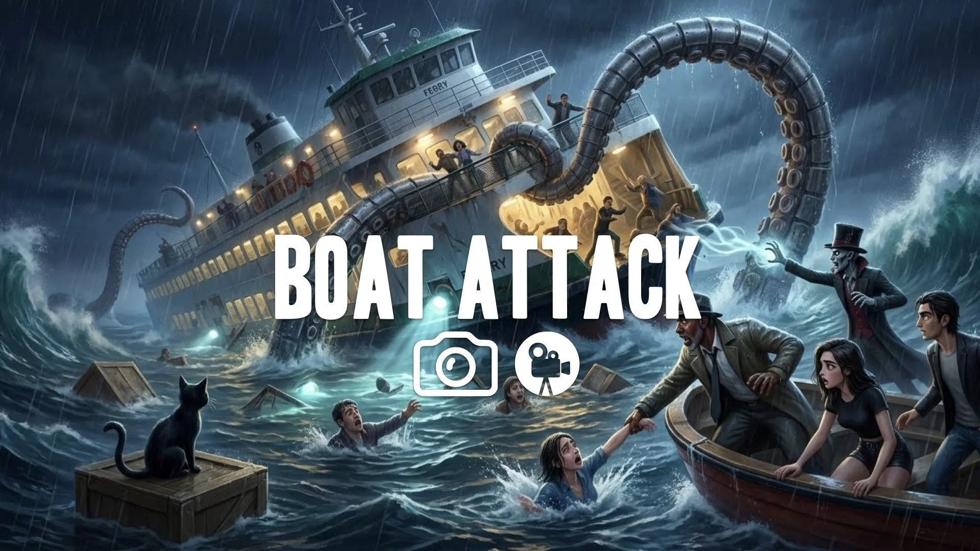 1. Ferry boat capsizing giant metal tentacle grabbing people night water splashing lights underwater no music