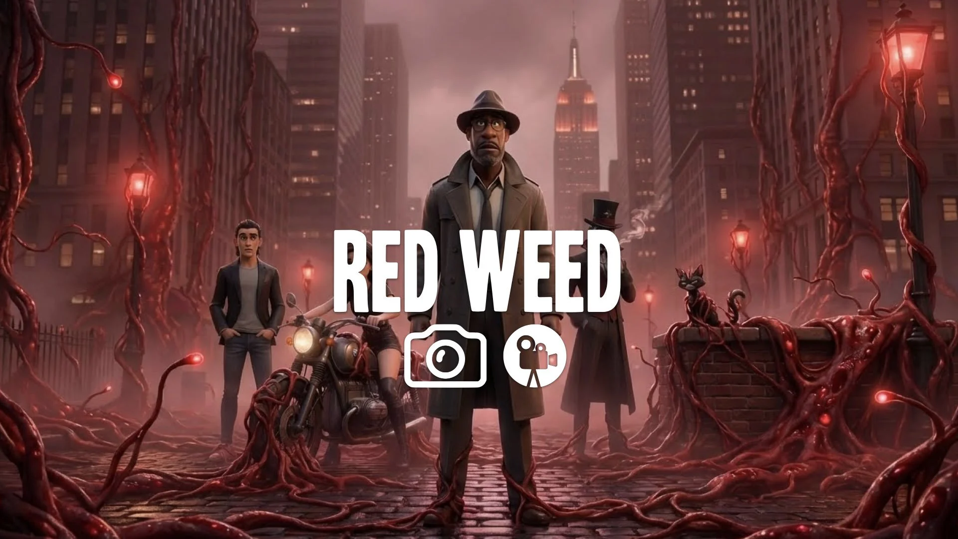 1. Red weed alien vines covering house landscape bloody texture organic creepy invasion atmosphere no music