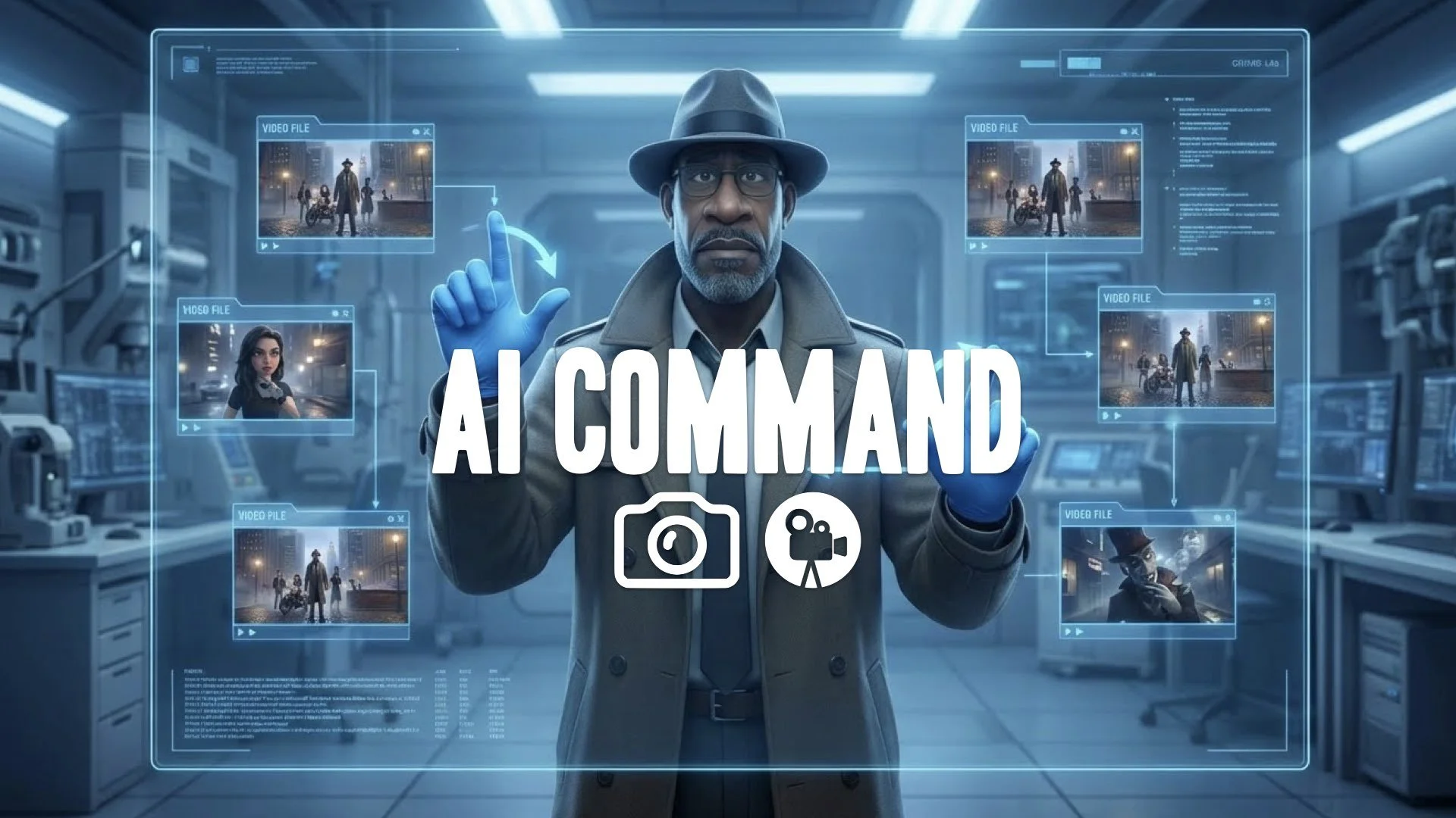 1. Glass interface gestures moving holographic video files futuristic crime lab blue light gloves swiping no music