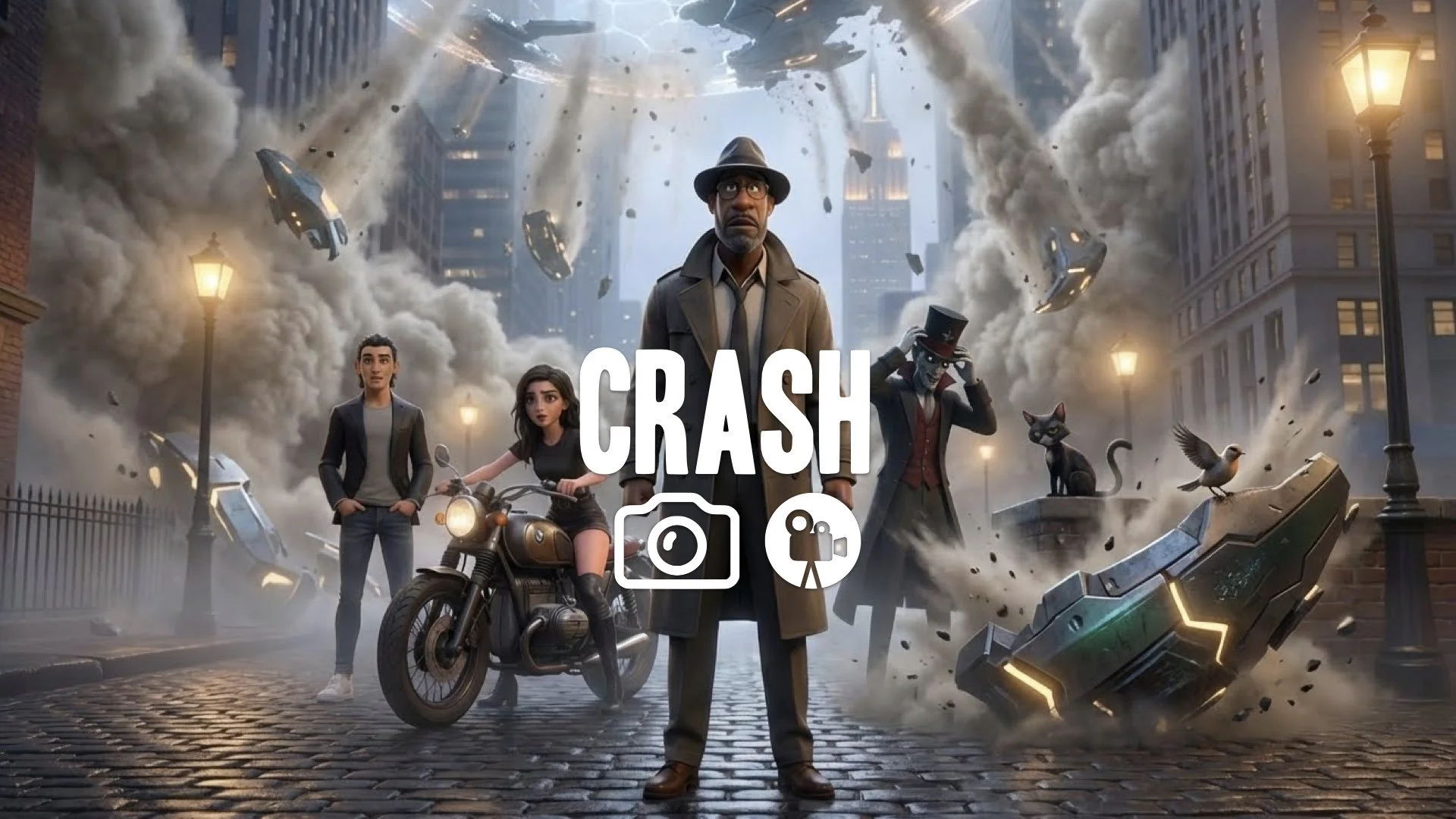 1. Bird landing on alien shield force field deactivated falling armor crashing massive scale dust no music