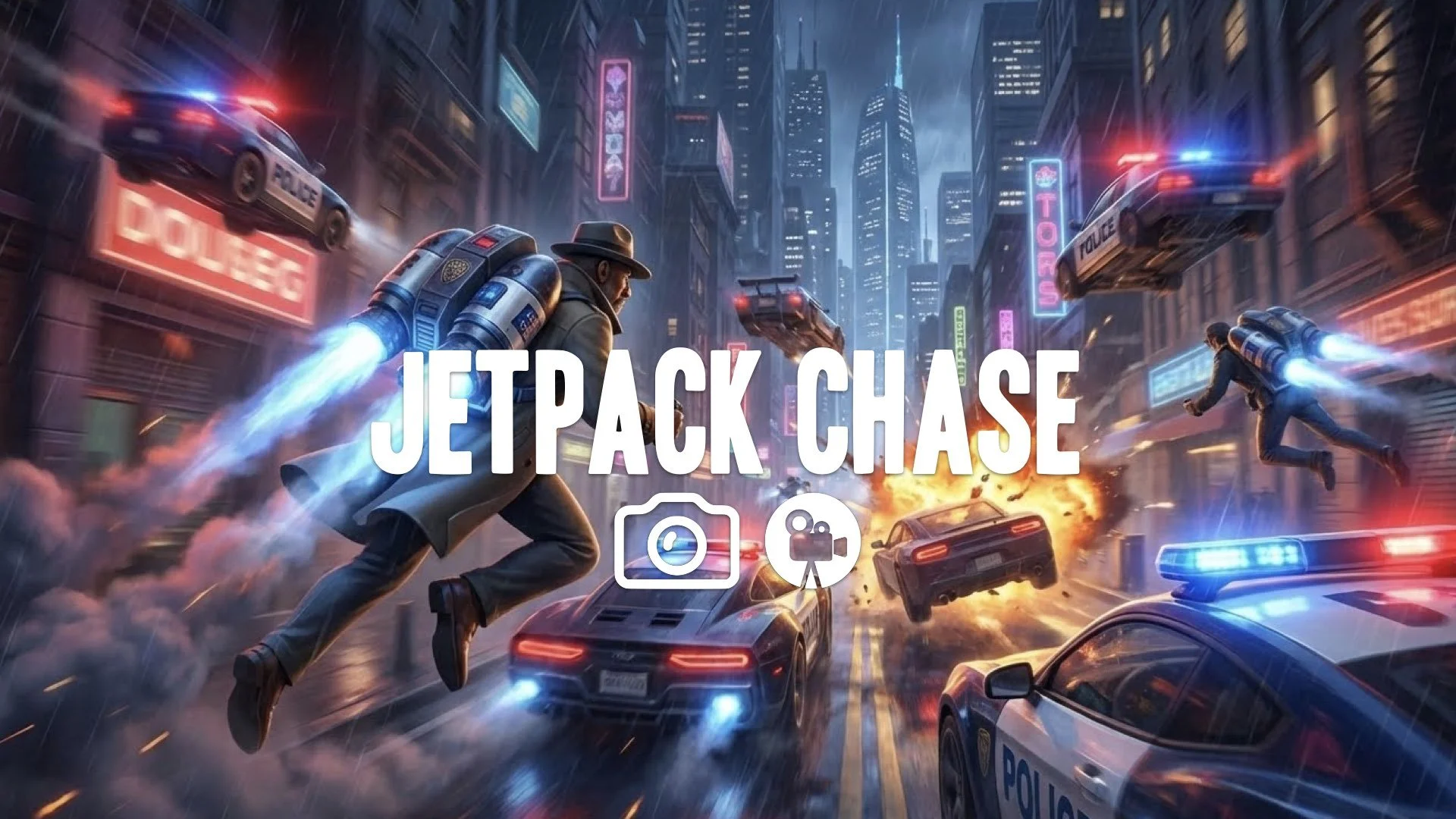 1. Jetpack police chase vertical city alleyway flying traffic blur flames exhaust futuristic action no music