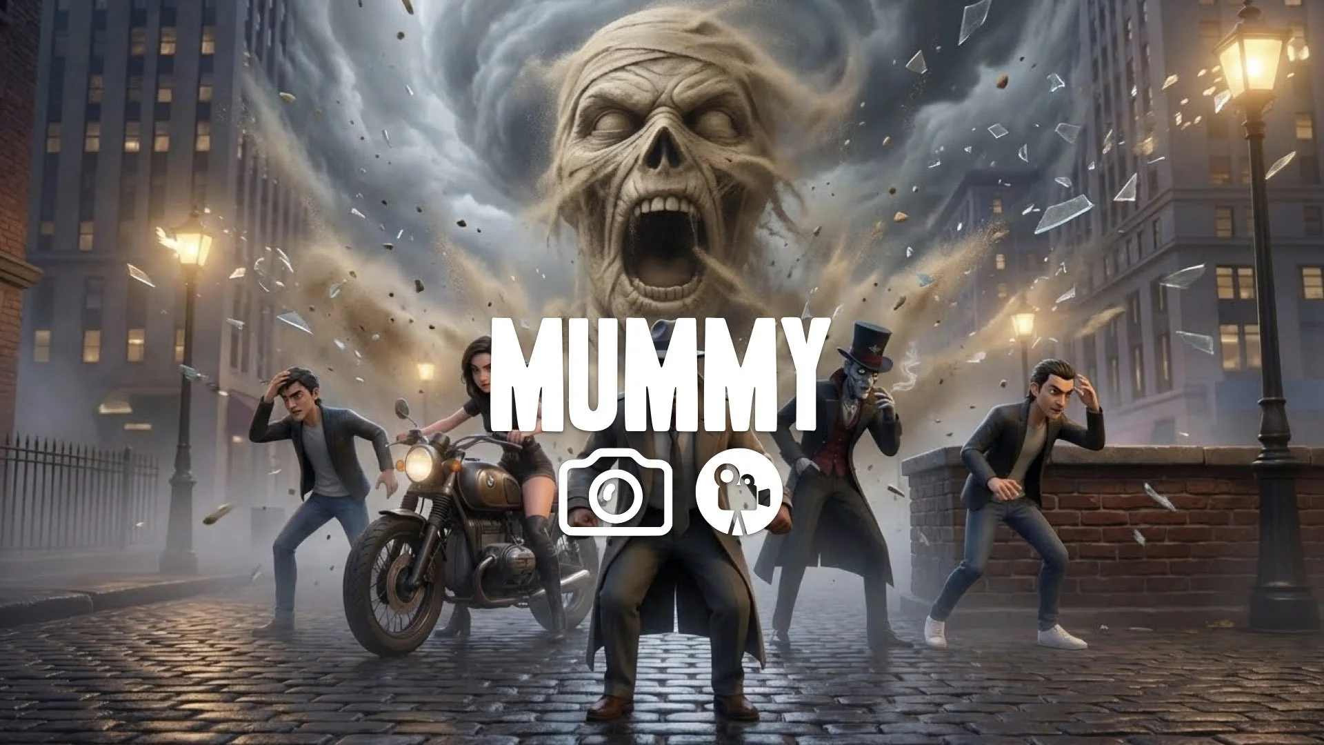 1. Mummy sand face forming in storm wall screaming mouth particles dust glass shattering london no music