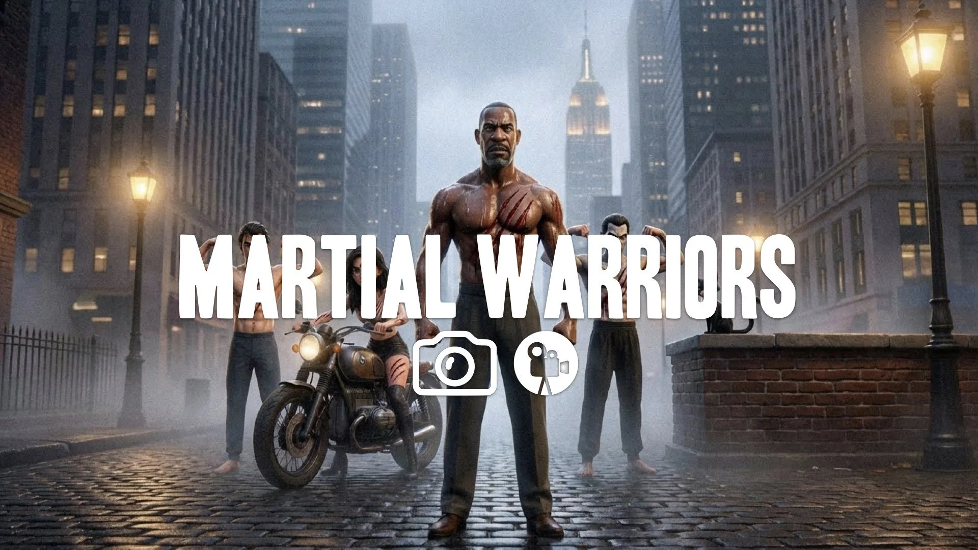 1. Martial artist bare chested claw marks bleeding intense stare flexing lats sweat gritty film grain no music