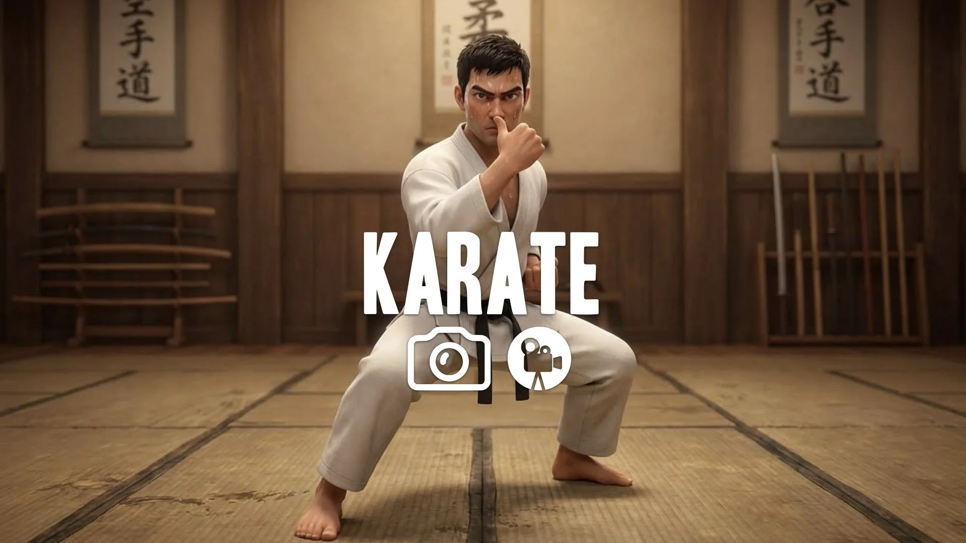 1. Fighter thumbing nose gesture intense focus ready stance dojo background traditional gi no music