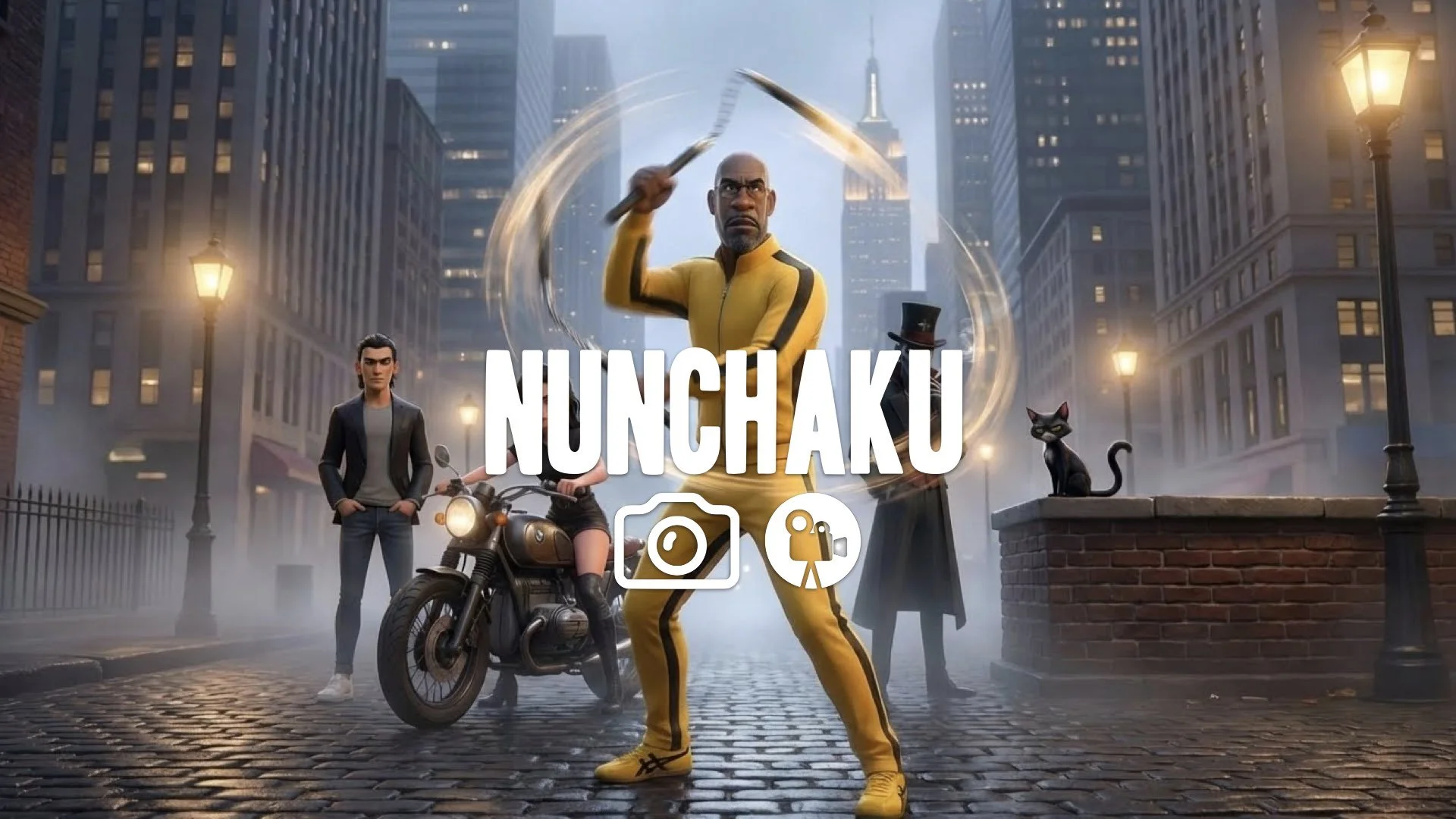 1. Fighter in yellow tracksuit with black stripes spinning nunchaku blur speed dynamic motion no music