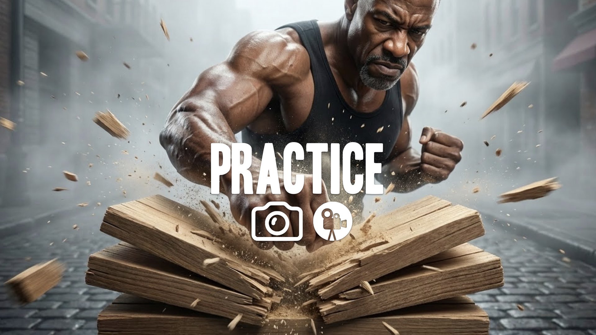 1. Fighter performing one-inch punch wood breaking close up impact dust flying raw power no music