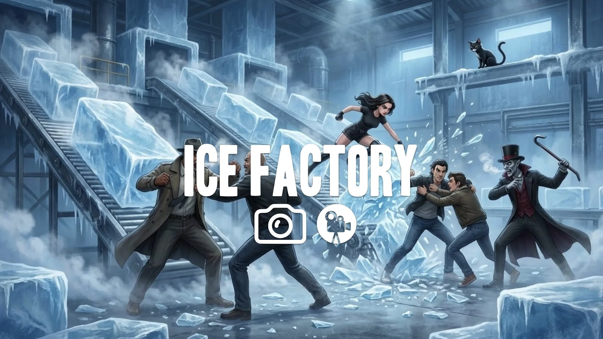 14. Ice factory fight blocks of ice sliding smashing vapor breath cold environment brutal combat no music
