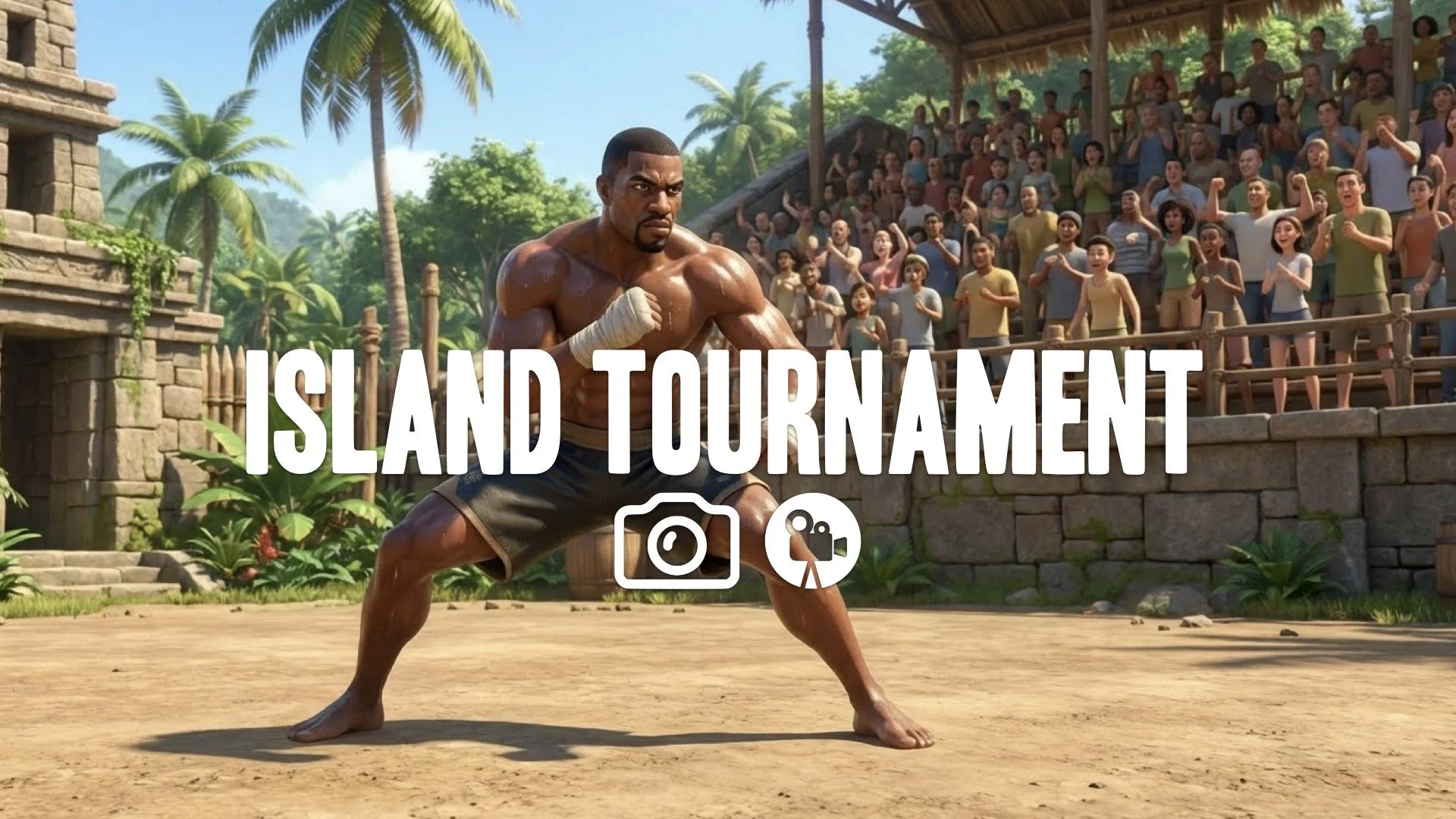 10. Island tournament outdoor arena intense sun muscular fighter waiting stance crowd watching no music