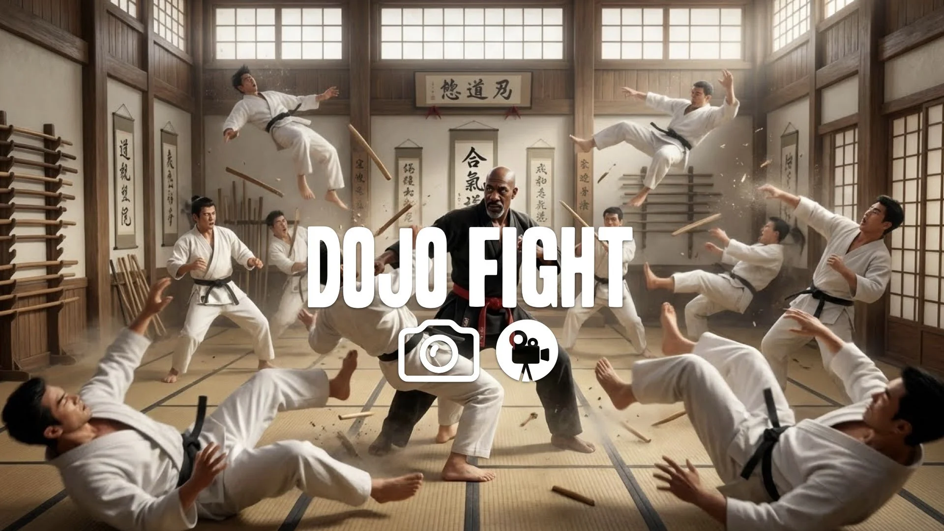 15. Japanese dojo fight one man vs entire school white gis flying bodies chaotic action cinematic no music