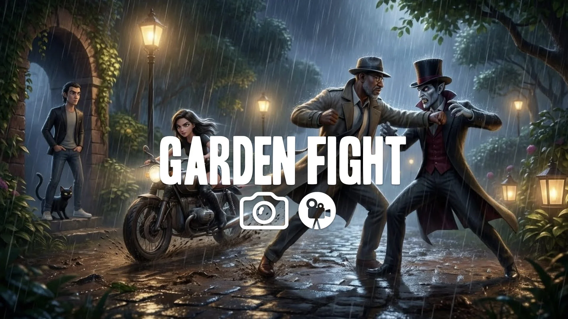 17. Night fight in garden rainy wet ground reflections quick movements shadows streetlights no music