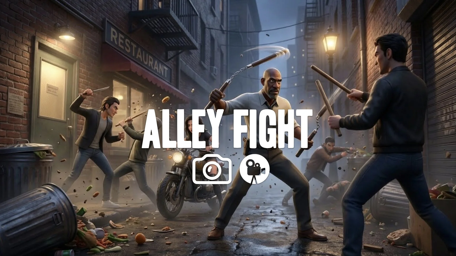 19. Alley fight behind restaurant nunchaku versus sticks fast pace garbage cans flying grit no music