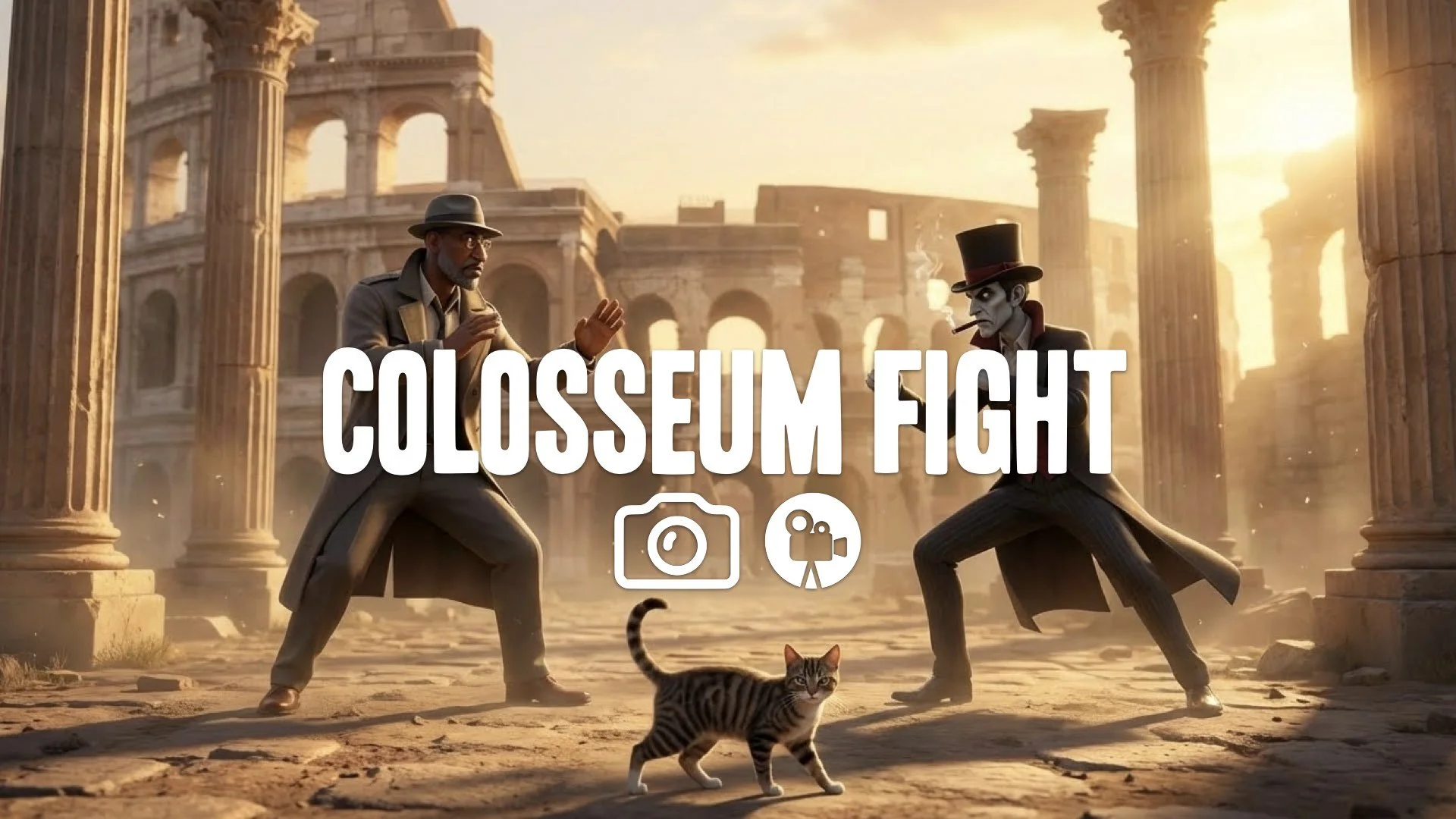20. Colosseum ruins fight Roman pillars sunset two masters facing off cat stance tension no music