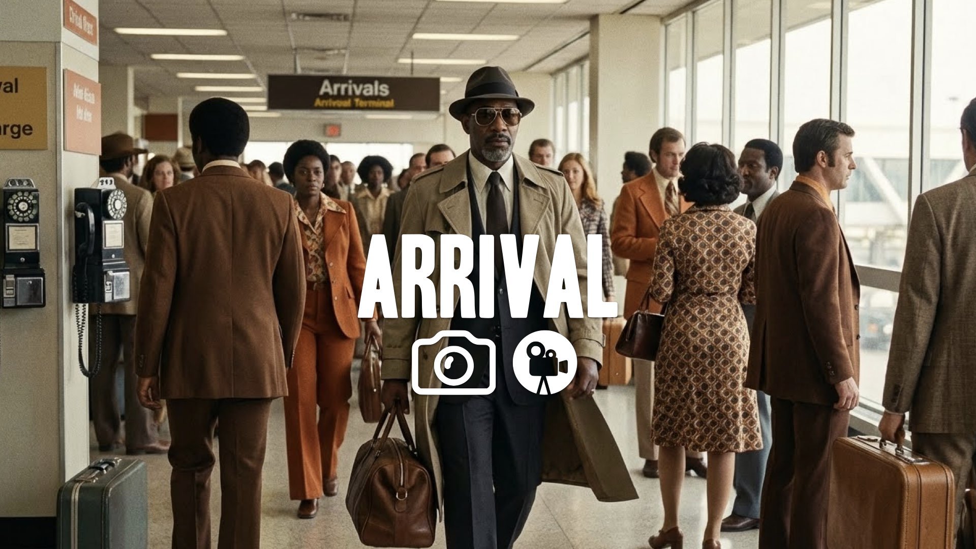 22. Airport arrival sunglasses vintage style walking through crowd cool confident aura 70s vibe no music