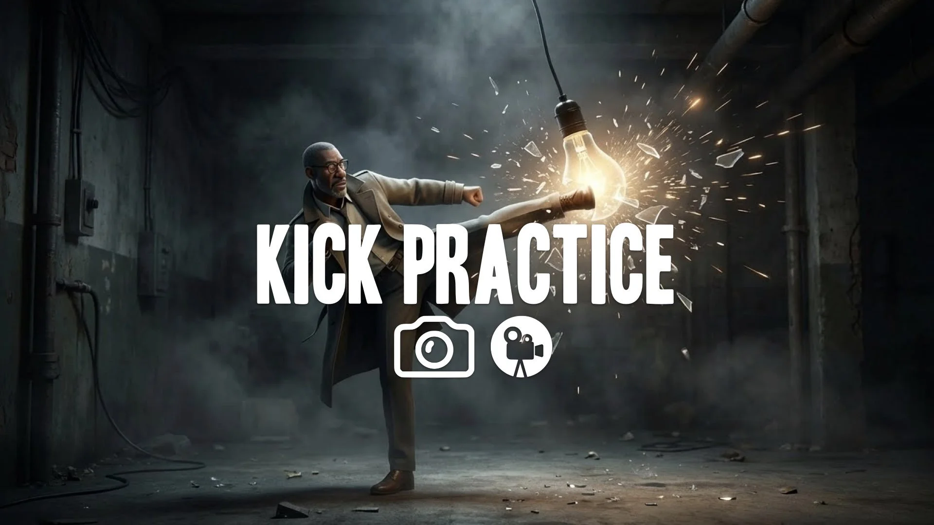 26. Fighter kicking lightbulb hanging from ceiling shattering glass darkness falling dramatic no music