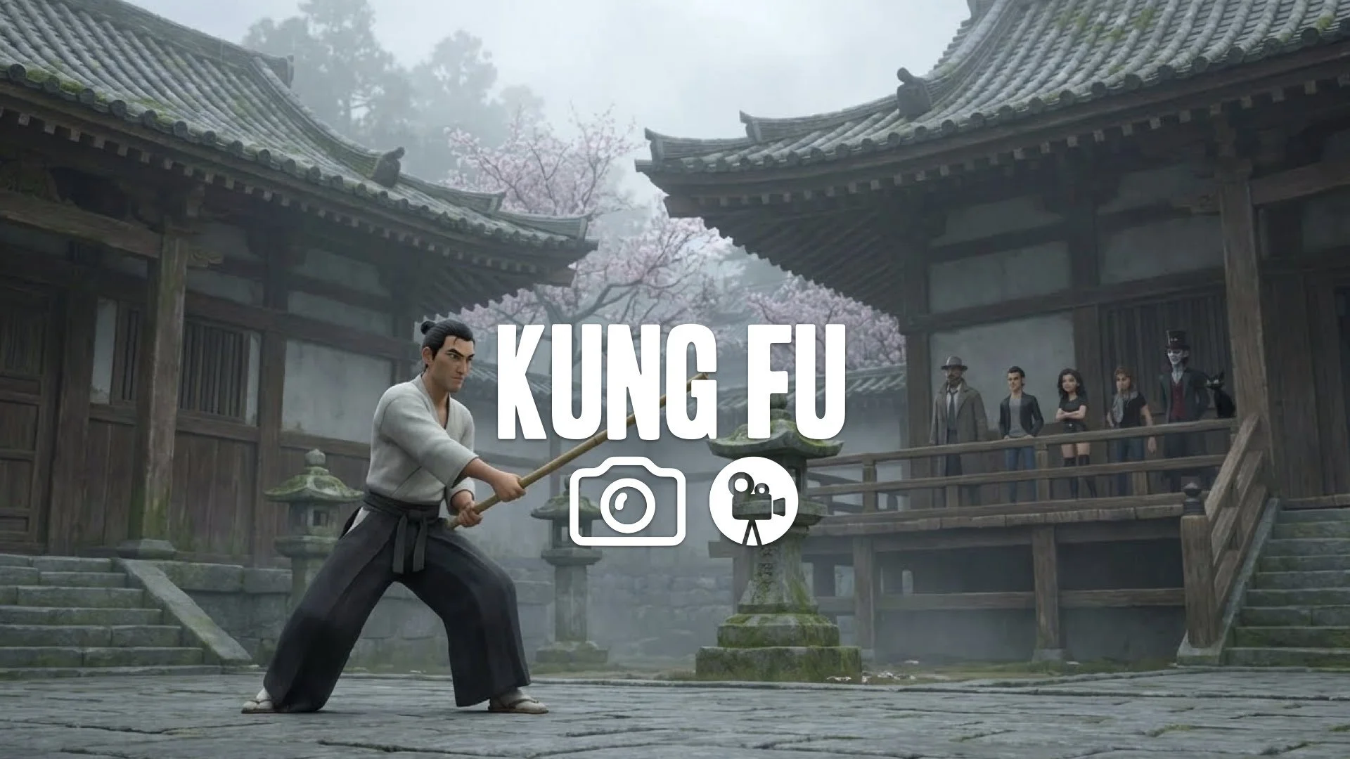 24. Fighter holding bamboo stick defensive posture waiting for attack traditional setting temple no music