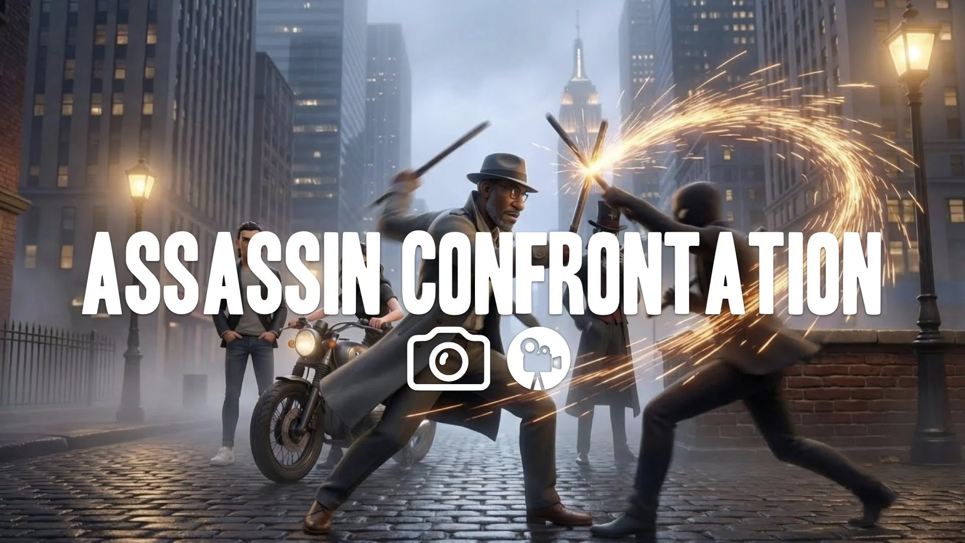 25. Fight against opponent with escrima sticks rapid blocking sparks flying fast rhythm action no music