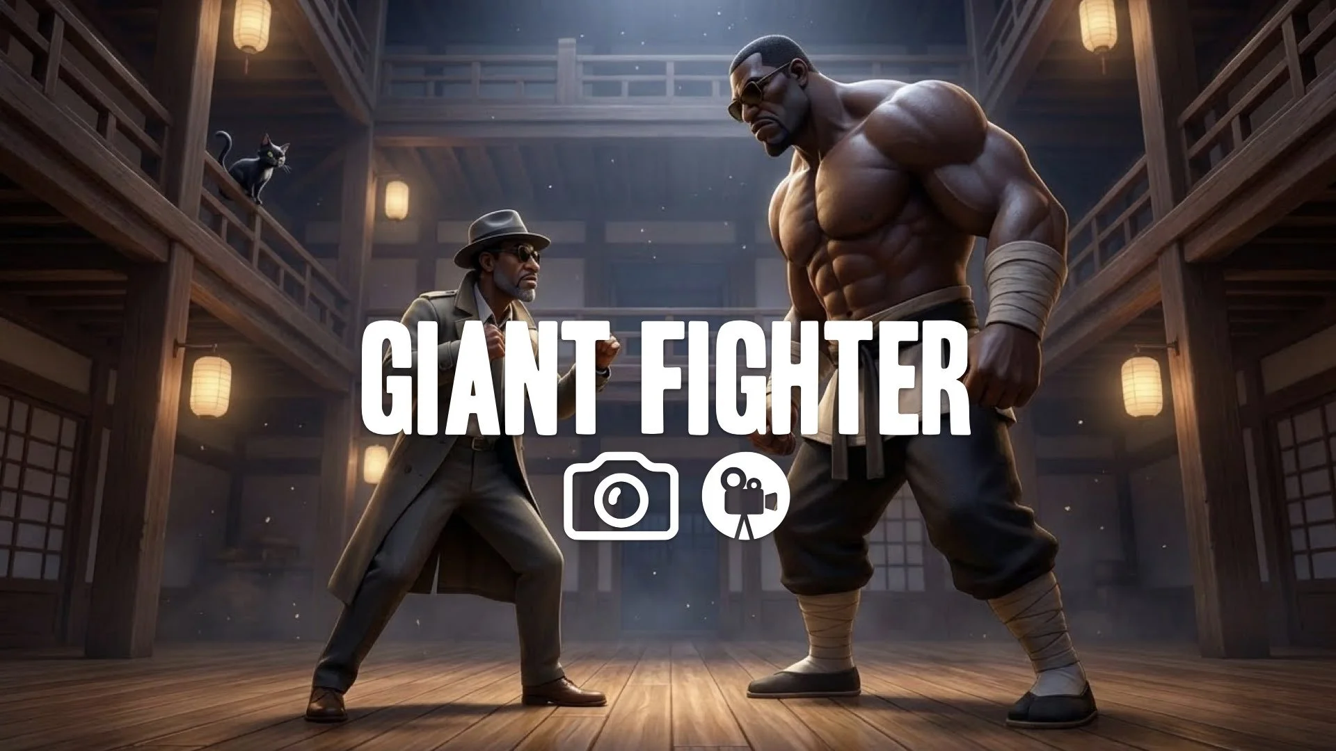 23. Pagoda floor fight giant opponent sunglasses height difference challenging stare intense no music