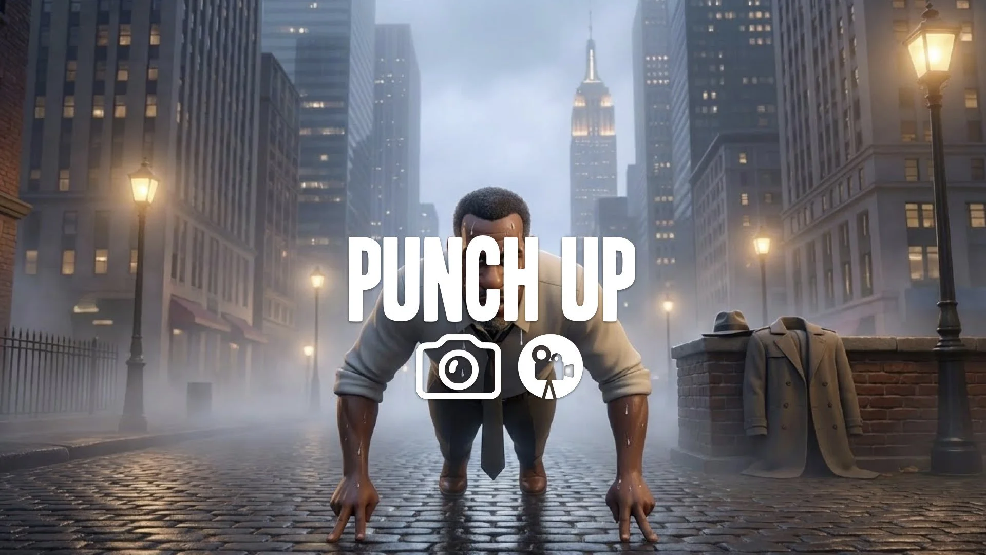 28. Fighter doing two-finger pushups sweat dripping intense concentration physical feat no music